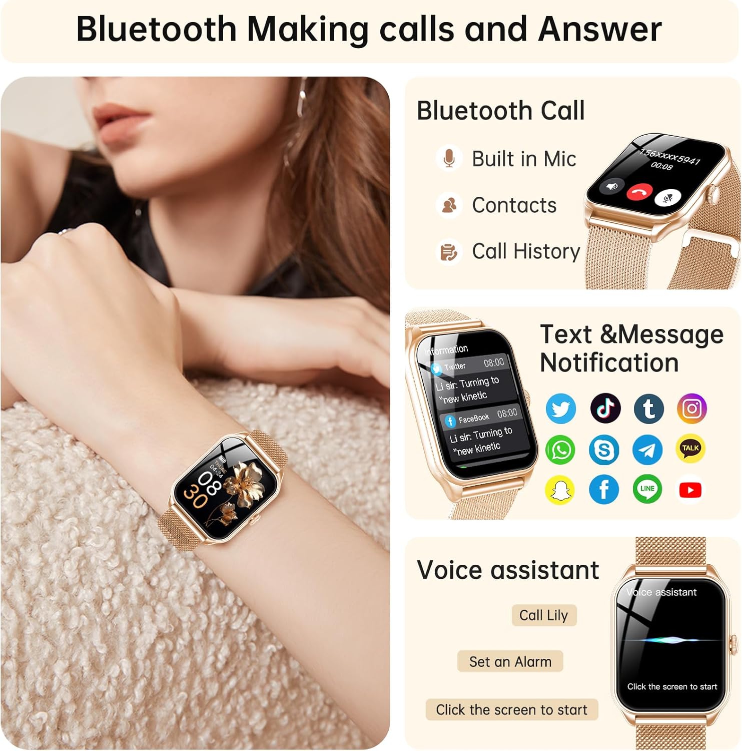 Damen Smartwatch mit Telefonfunktion, 1,83 Zoll Touchscreen Fitness Tracker, 120+ Sportmodi, IP68 wasserdichte Smartwatch mit Herzfrequenz, Schlafmonitor, Schrittzähler für iOS Android (Roségold) – Bild 2