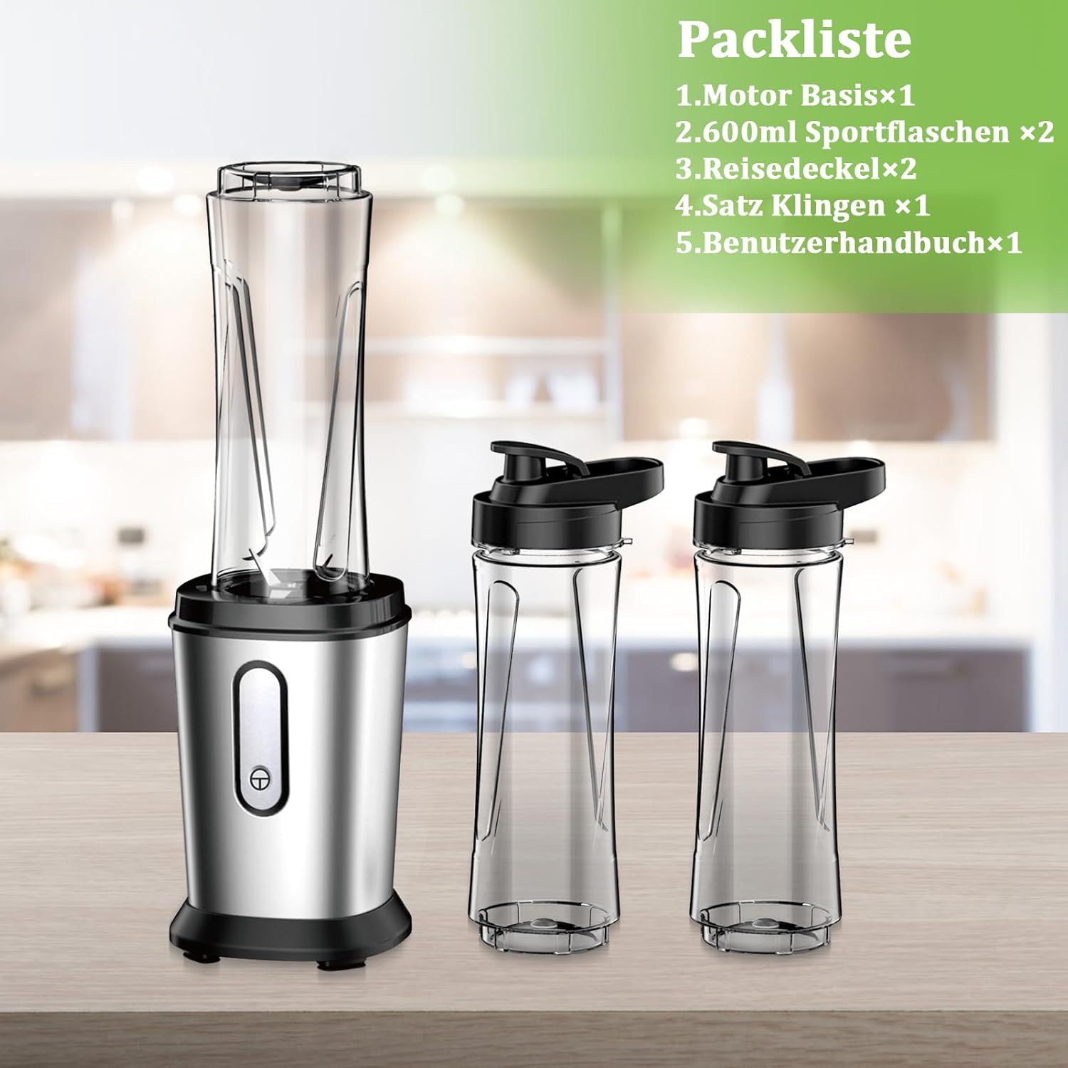 Mixer, 500W Mini Standmixer & Smoothie Maker mit 2 x 600 ml Flaschen, BPA-freies Tritan, tragbarer Mixer Smoothie Maker aus Edelstahl, 4 Blatt zum Shaken, Smoothie, Silber (Silber) – Bild 9