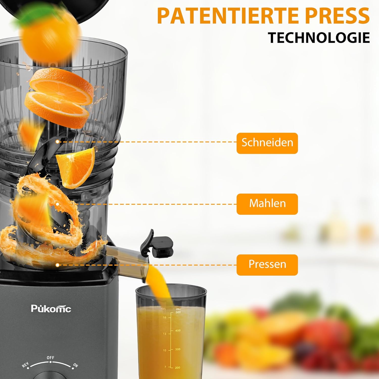 PUKOMC Kaltpress-Entsafter mit 14,7 cm (5,8 Zoll) Schlitz – Slow Juicer für ganze Früchte und Gemüse, 1,8-Liter-Behälter, 300 W, inklusive Reinigungsbürste und Auffangbecher, Grau – Bild 5