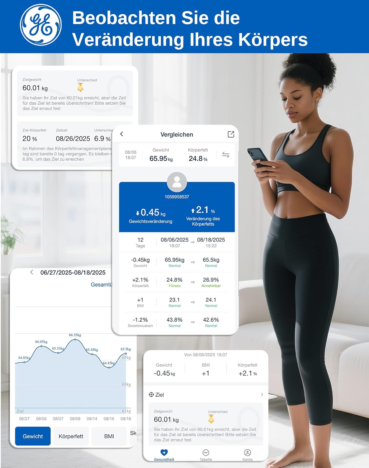 GE Körperfettwaage Smart mit Körperfett, BMI-Personenwaage mit großem Display, hoher Genauigkeit, Bluetooth, digitale Körperanalysewaage bis 180 kg/400 lb, Schwarz – Bild 4