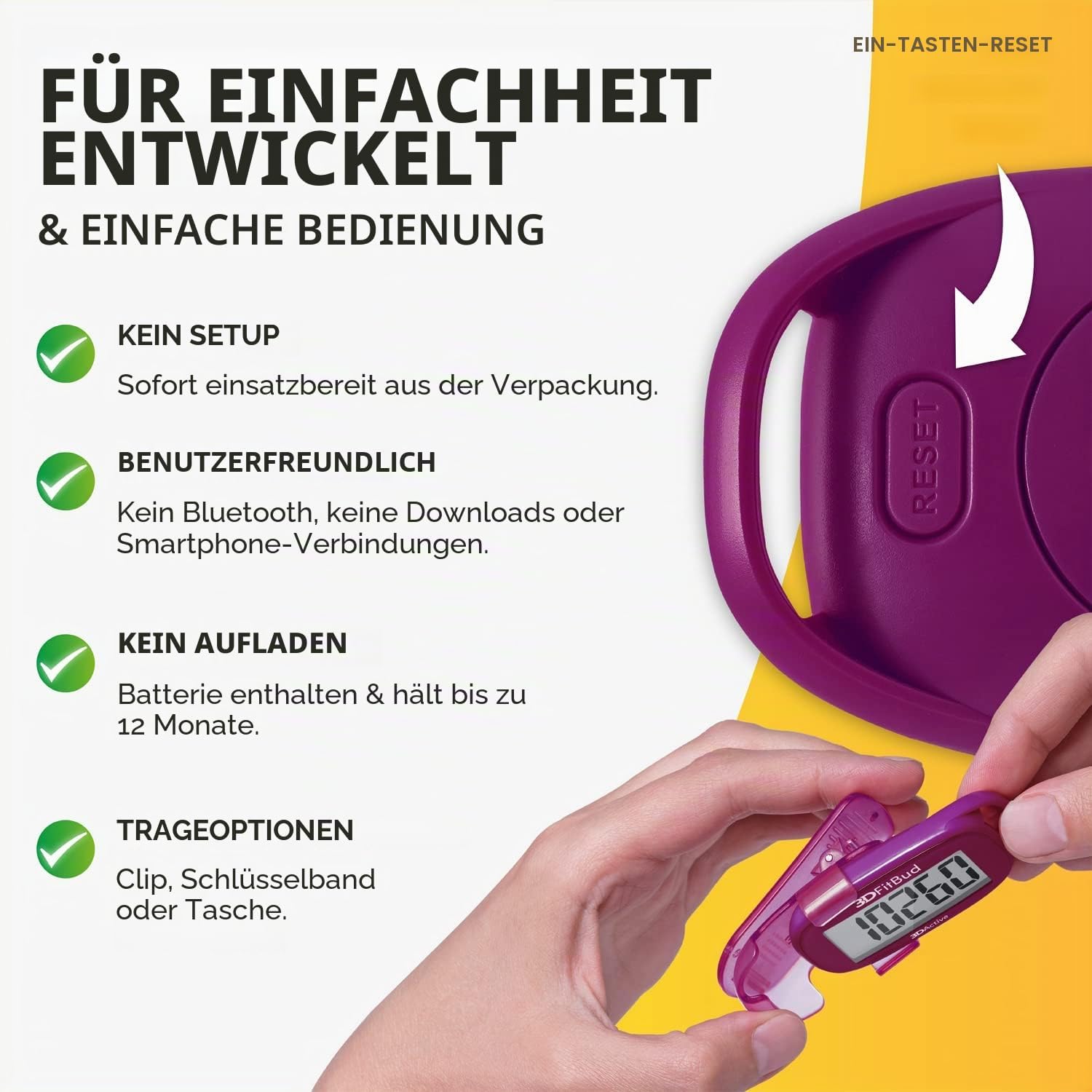 3DActive 3D-FitBud Einfacher Schrittzähler mit Clip und Trageband A420S (Pflaume) – Bild 3