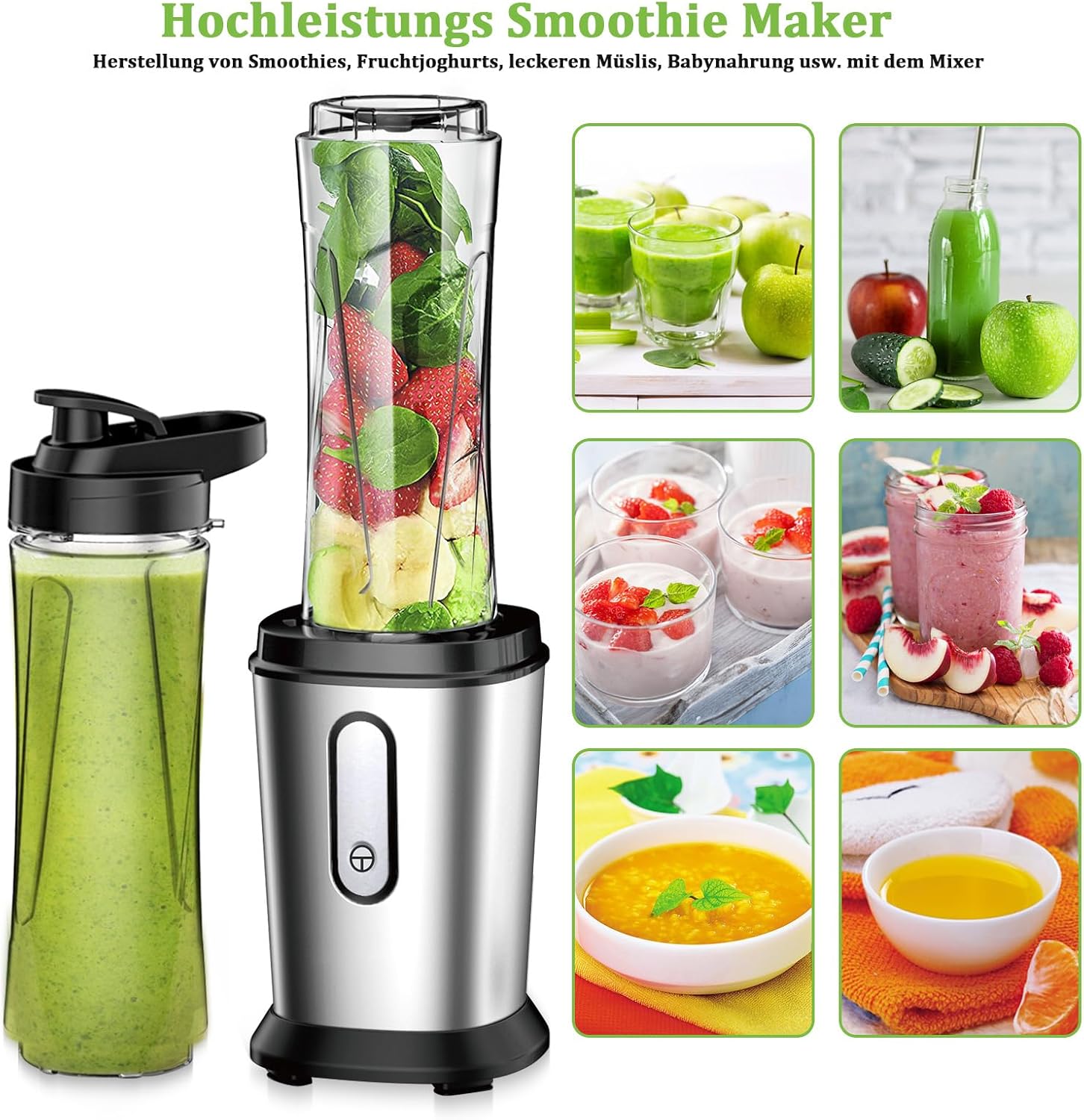 Mixer, 500W Mini Standmixer & Smoothie Maker mit 2 x 600 ml Flaschen, BPA-freies Tritan, tragbarer Mixer Smoothie Maker aus Edelstahl, 4 Blatt zum Shaken, Smoothie, Silber (Silber) – Bild 2