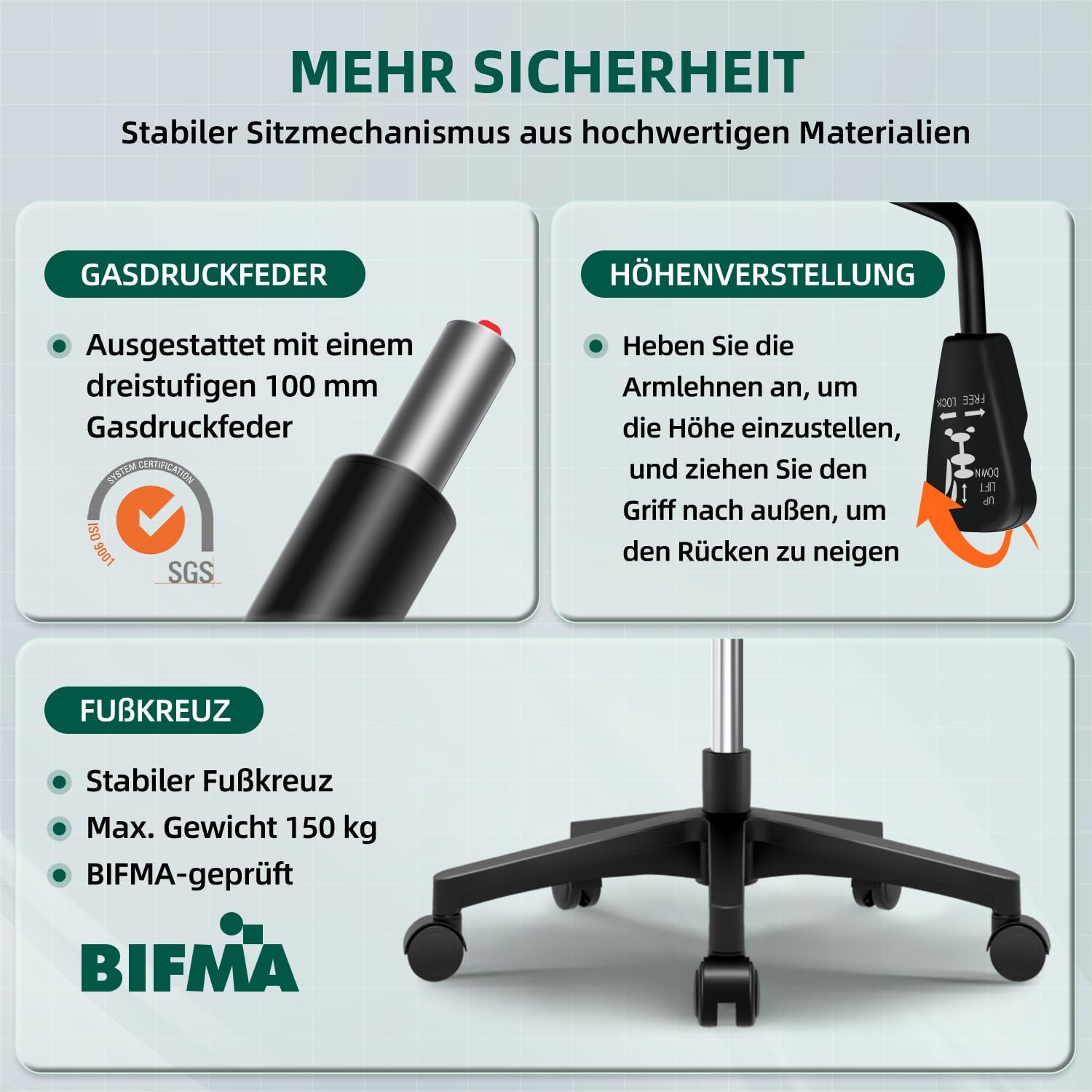 Ergonomischer Bürostuhl mit klappbaren Armlehnen, verstellbare Lordosenstütze, Wippfunktion bis 125°, höhenverstellbar, Netzstuhl, schwarz – Bild 7