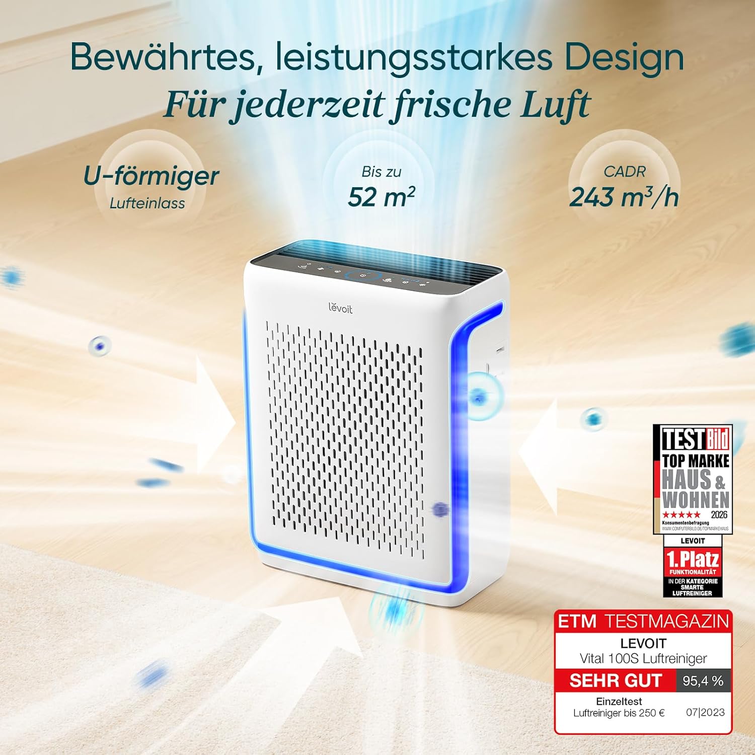 Levoit Vital 100S HEPA-Luftreiniger für Allergiker, CADR 243 m³/h, HEPA- und Aktivkohlefilter, leise, PM2.5-Sensor, App und Alexa, gegen Staub, Pollen, Rauch und Gerüche, bis zu 52 m², Mondweiß – Bild 3