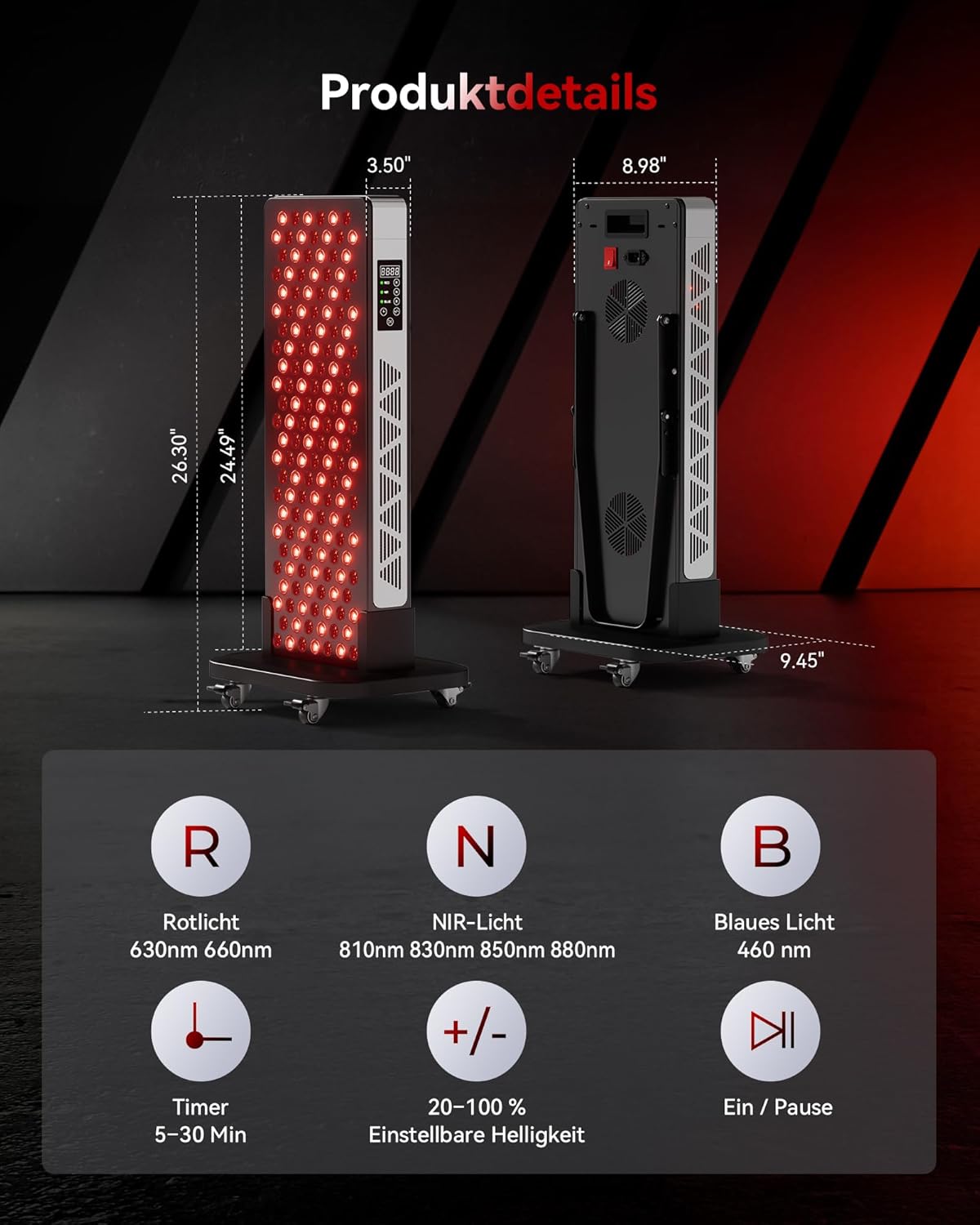 FliKEZE Rotlichttherapie-Panel-Lampe, 156 LEDs, rotes Licht, 7 Wellenlängen, einschließlich blaues Licht, rotes Licht und Nahinfrarotlicht, um sowohl tiefes als auch oberflächliches Gewebe anzusprechen – Bild 5