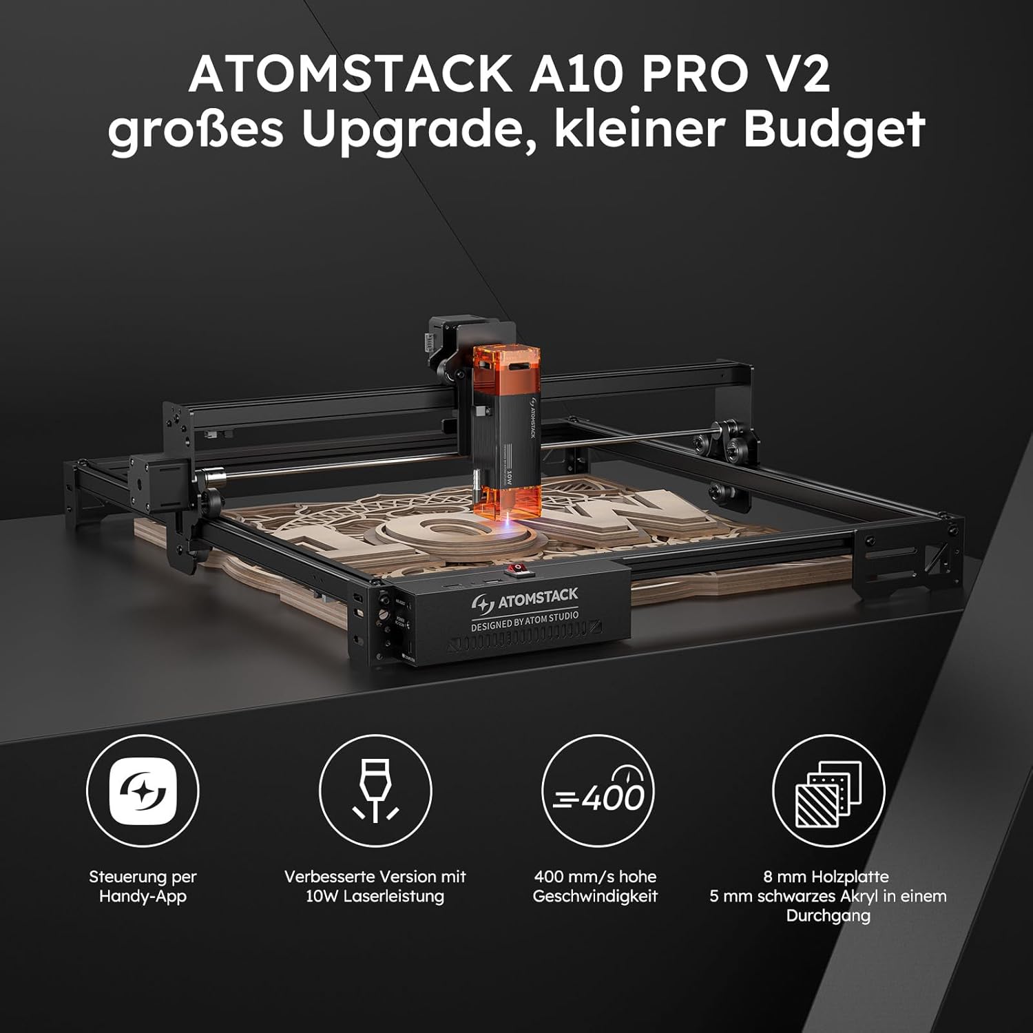ATOMSTACK SWIFT A10 PRO V2 10 W Lasergravurmaschine, Gravurbereich: 410 x 380 mm, Laserschneider, hochpräziser Laserschneider für personalisierte Geschenke, Holz, Acryl, Leder (SWIFT A10 PRO V2 10 W, Schwarz) – Bild 7