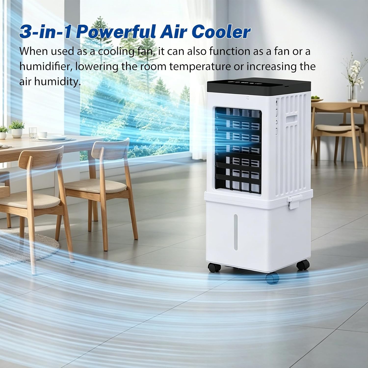 3-in-1-Ventilator und Luftbefeuchter mit Fernbedienung, tragbare 15-Liter-Wasserkühlung – 3 Geschwindigkeiten und 3 Windmodi – 120° drehbar und 7,5-Stunden-Timer – kompakte Kühlbox für Wohnzimmer und Schlafzimmer – Bild 3