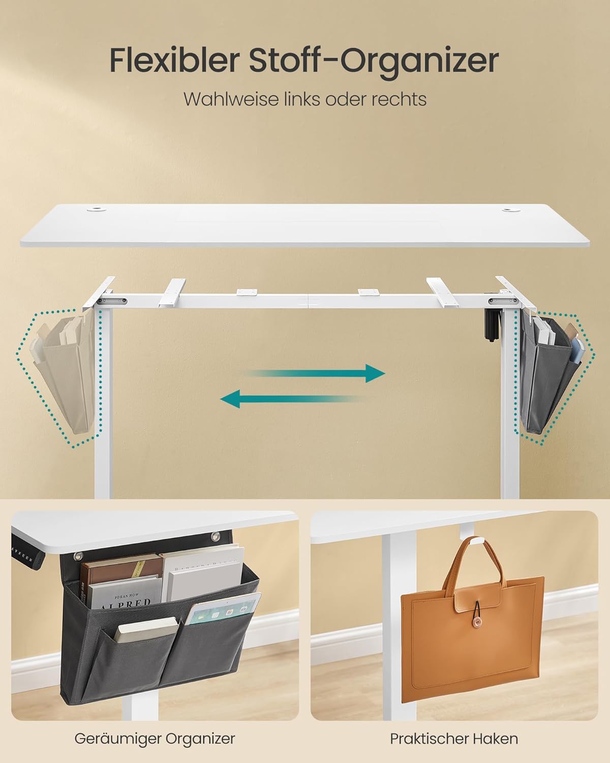 SONGMICS LSD136W01 Höhenverstellbarer elektrischer Schreibtisch, 70 x 160 x 72–120 cm, Memory-Funktion mit 4 Höhen, für Home Office, Arbeitszimmer, Wolkenweiß – Bild 5