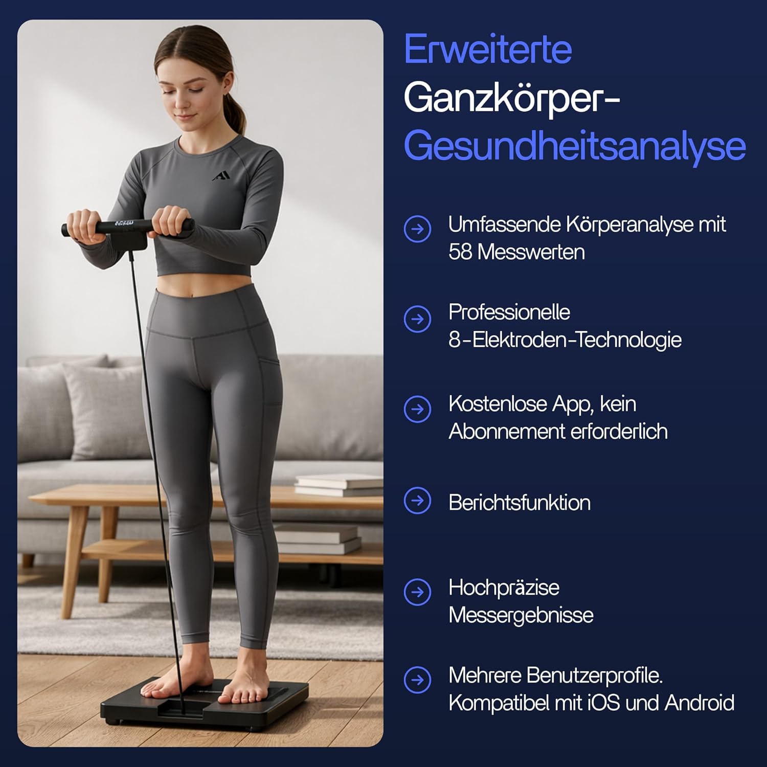 Körperanalysewaage – Intelligente Körperfettwaage mit 58 Gesundheitsmetriken, 8-Elektroden-Technologie, hochpräzise Messung, kostenlose App ohne Abonnement, Mehrbenutzer-, Bluetooth- und Berichtsfunktion – Bild 3