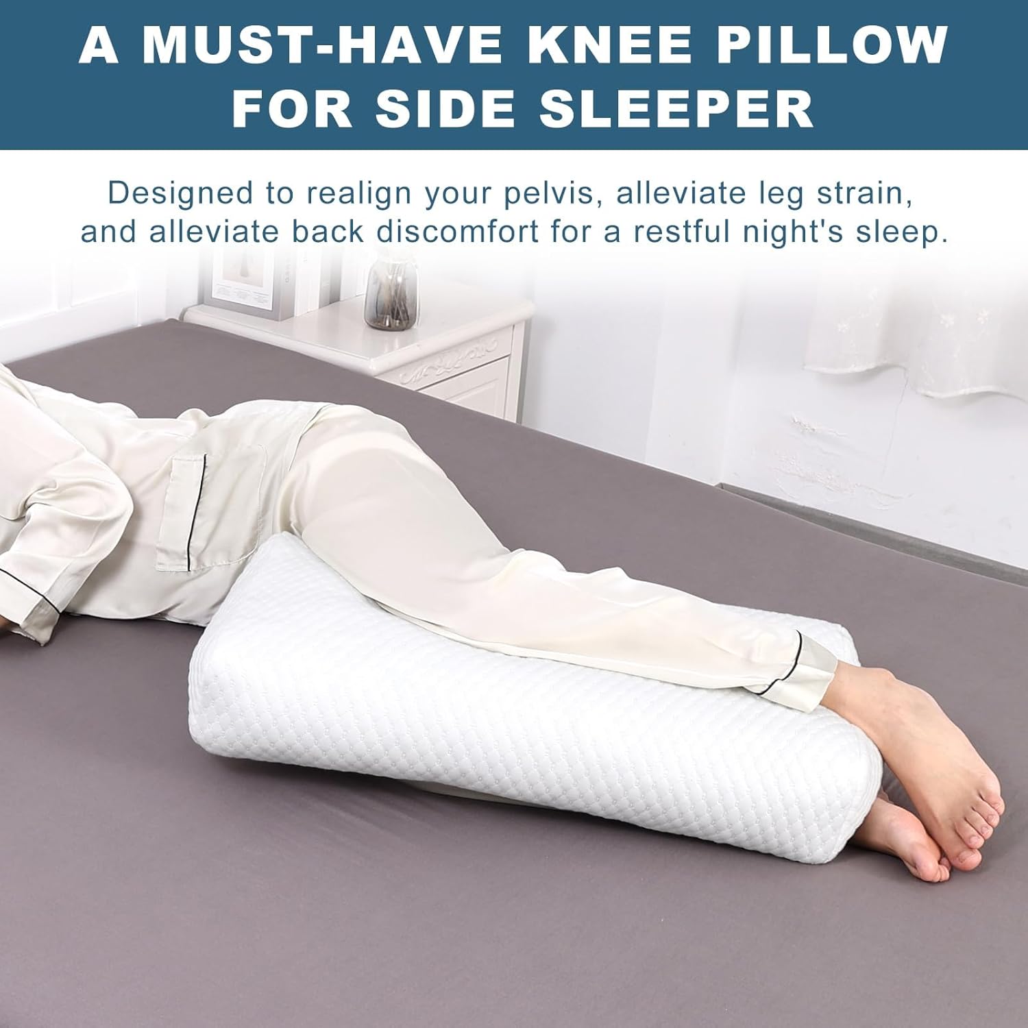 Kniekissen für Seitenschläfer aus Memory-Schaum, ergonomisches und verstellbares Beinkissen für optimale Schlafposition und Druckverteilung, weiß – Bild 3