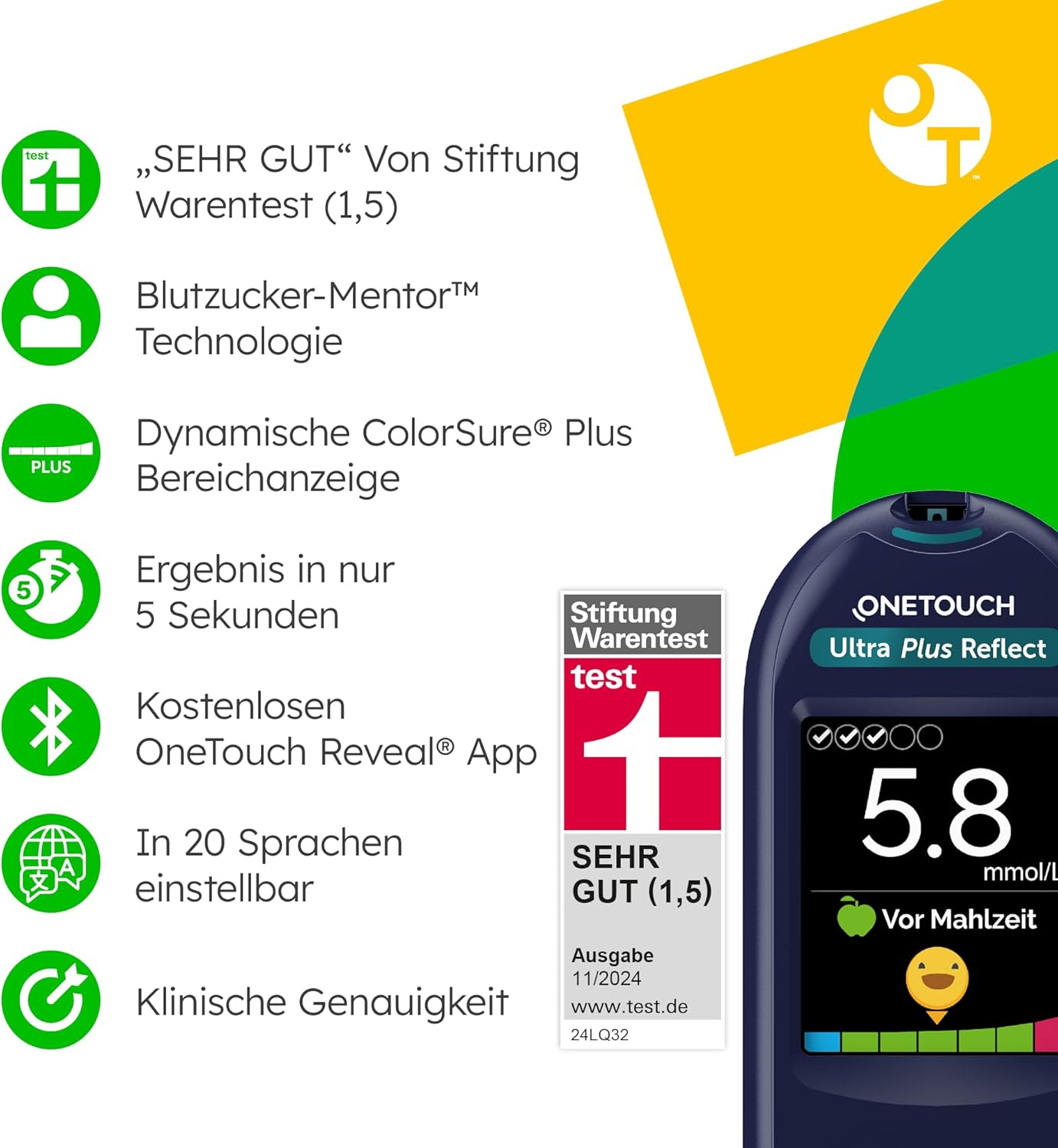 OneTouch Ultra Plus Reflect Blutzuckermessgerät-Set – Starter-Set Diabetes mmol/L – inkl. 40 Teststreifen & 40 Lanzetten – Präzise Messung, einfache Handhabung – Stiftung Warentest SEHR GUT (1,5) – Bild 2