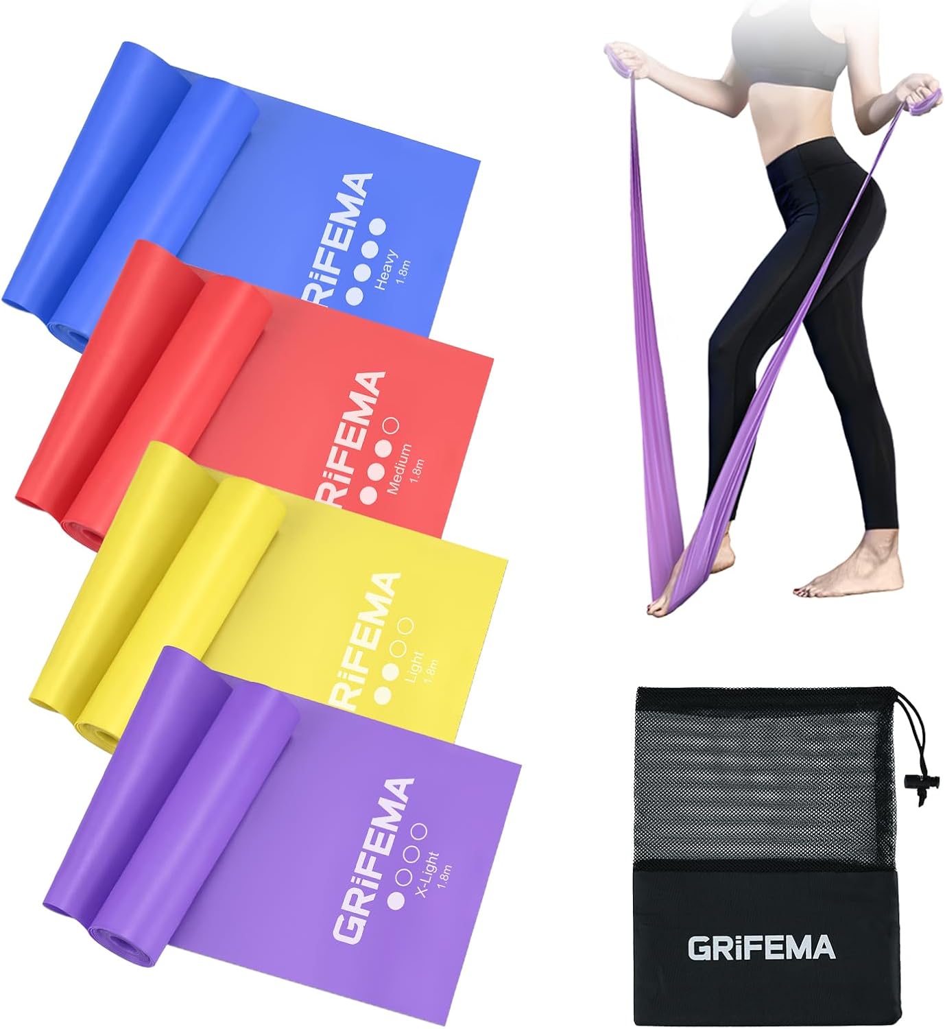 GRIFEMA Fitnessbänder (4er-Set), Übungsband mit 4 Widerstandsstufen, Fitnessband mit Tragetasche & Übungsanleitung, Widerstandsbänder für Yoga, Pilates, Blau, Rot, Gelb, Lila