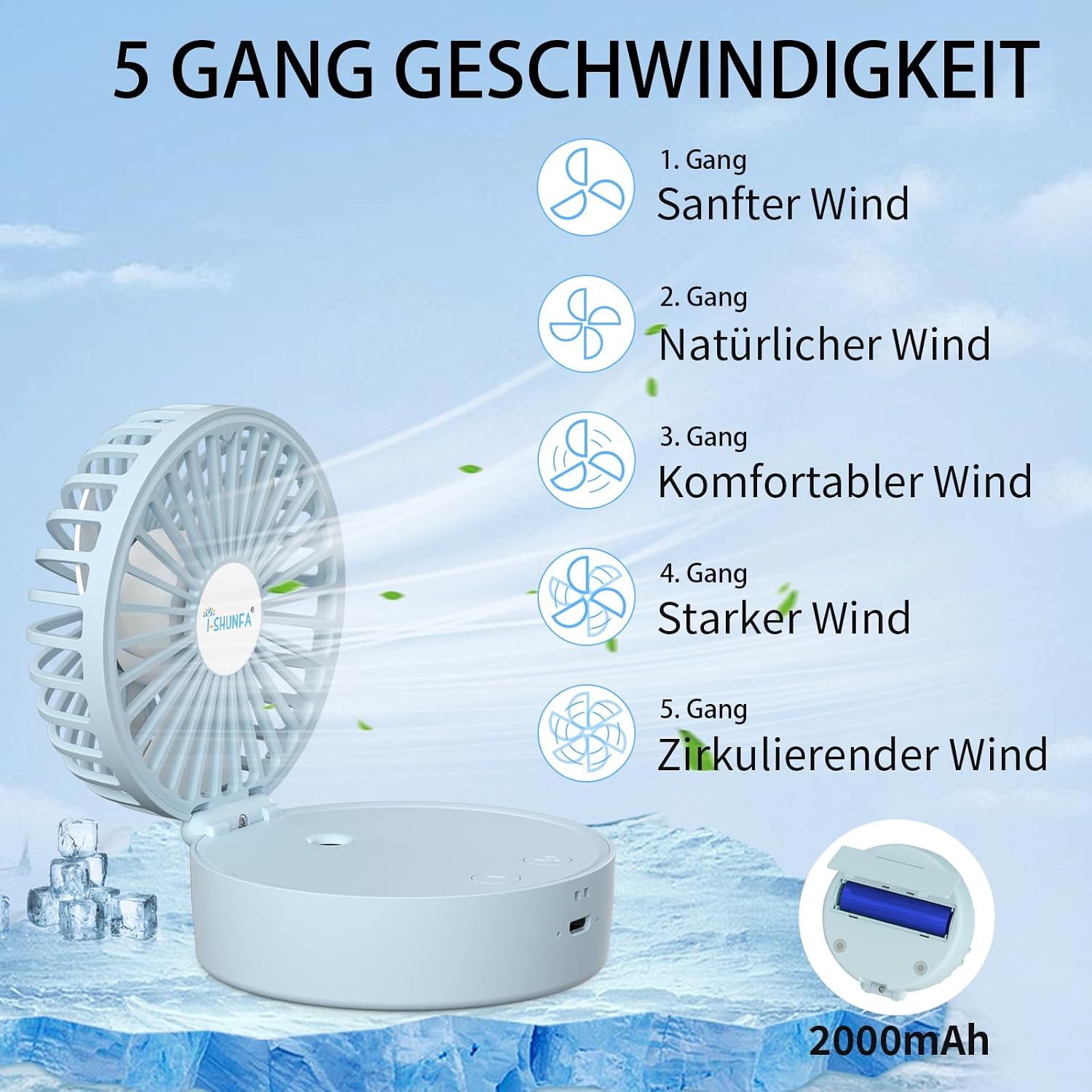 I-SHUNFA Handventilator, tragbarer Mini-Ventilator mit kühlem Nebel und wiederaufladbarem Akku, faltbarer kleiner Taschenventilator, USB-Ventilator, 5 Geschwindigkeiten für Reisen, Büro (blau) – Bild 2
