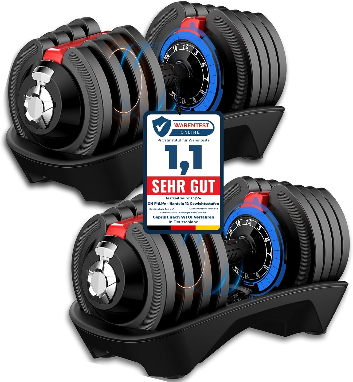 DH FitLife Verstellbare Kurzhantel 18/24 kg, 12 Gewichtsstufen, 12 in 1 Hantel, Einzelhantel oder Hantelset, verstellbare Hantel für Krafttraining zu Hause