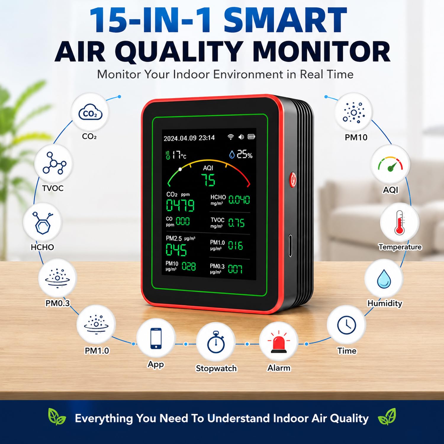 15-in-1-WLAN-Raumluftqualitätsmonitor mit App, CO₂-, TVOC-, HCHO-, PM2,5- und PM10-Monitor, Temperatur- und Luftfeuchtigkeitsanzeige, Farbdisplay, Luftqualitätsalarm für Zuhause und Büro – Bild 4
