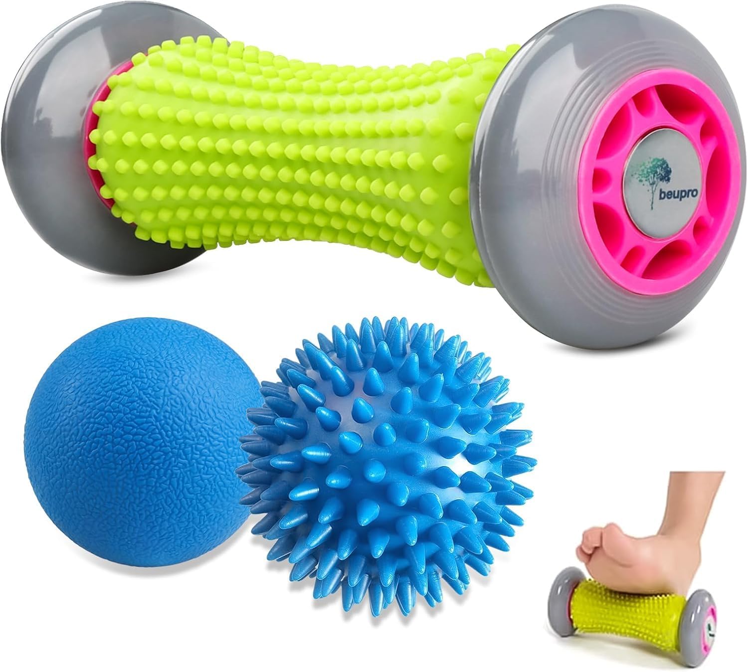 Fußmassageroller bei Plantarfasziitis, Fußmassageset für Füße, Massageball, Massageball mit Noppen, Fersensporn, Igelball für Hinterbeine, Füße