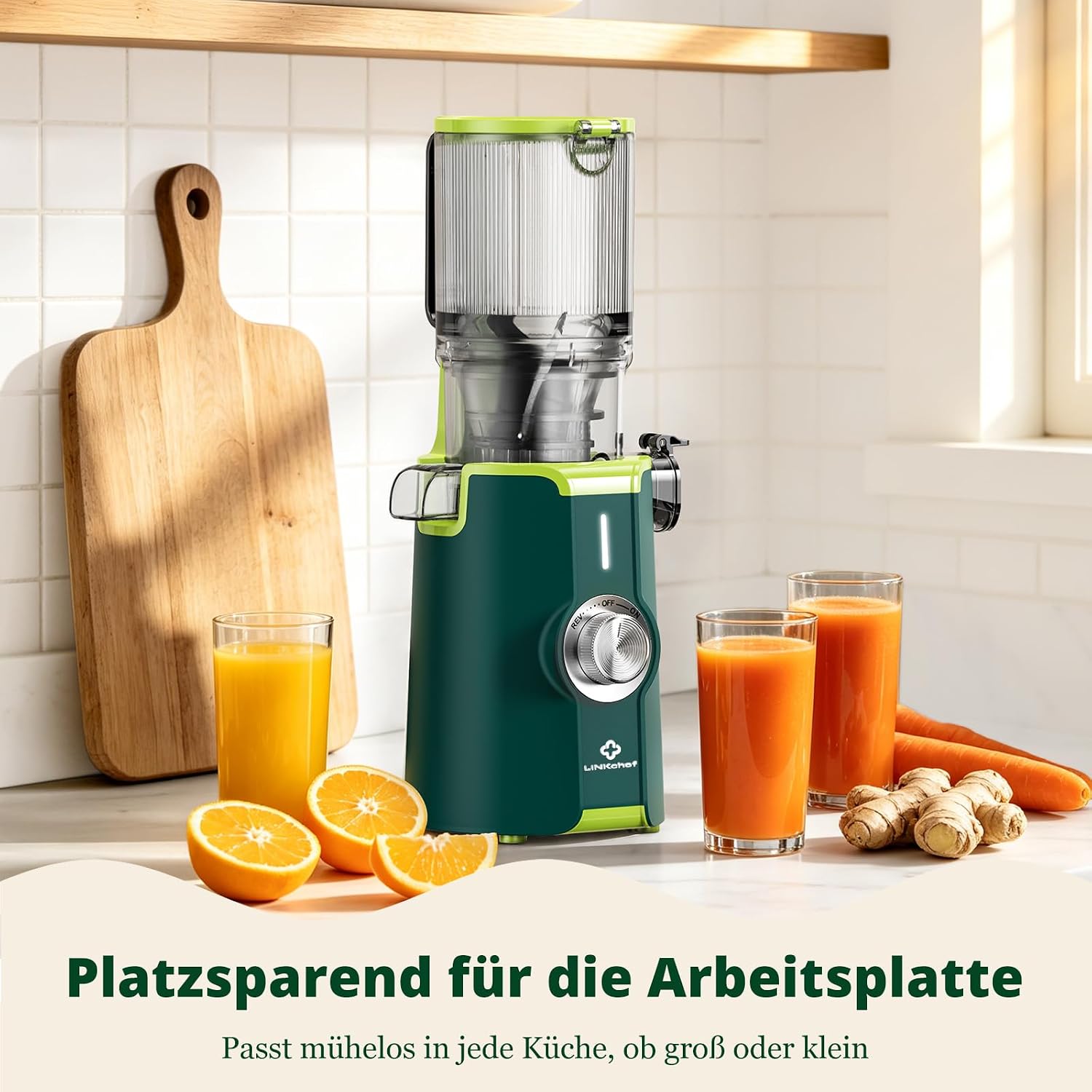 LINKChef Slow Juicer Elektrischer Entsafter | 200 W Kaltentsafter für ganze Früchte und Gemüse | 115 mm große Öffnung | BPA-freier Entsafter mit Blitzreinigung und einfacher Montage | Enthält Saftrezepte | Grün – Bild 13