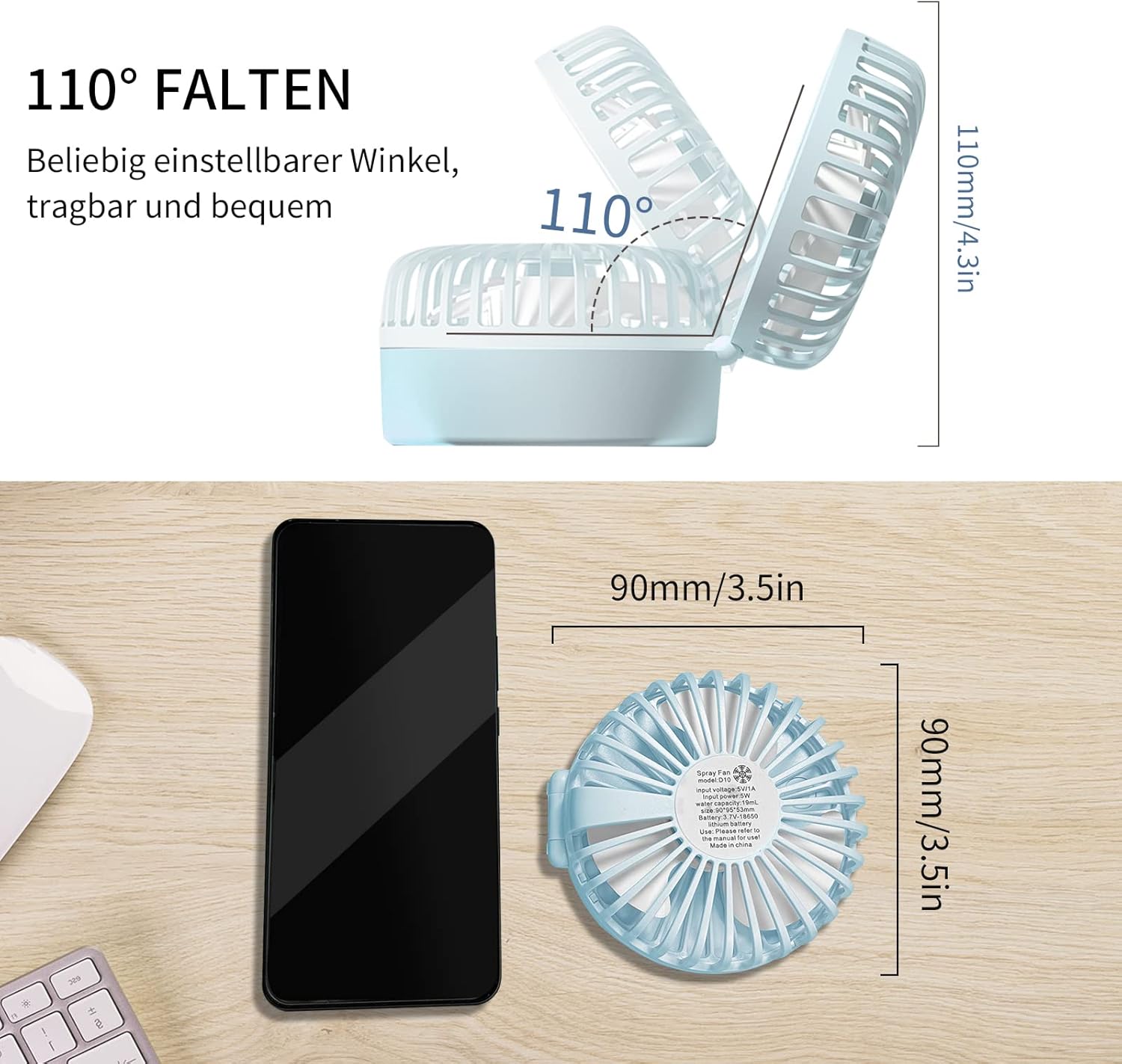 I-SHUNFA Handventilator, tragbarer Mini-Ventilator mit kühlem Nebel und wiederaufladbarem Akku, faltbarer kleiner Taschenventilator, USB-Ventilator, 5 Geschwindigkeiten für Reisen, Büro (blau) – Bild 4