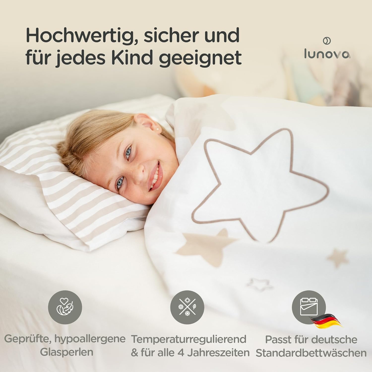 LUNOVA Gewichtsdecke Kinder 4kg (135x200cm) | Beruhigende schwere Decke für besseren Schlaf und inneren Frieden | Öko-TEX-Baumwolle, waschbar, ideal für 35–45 kg Körpergewicht | Gewichtsdecke für Kinder – Bild 6