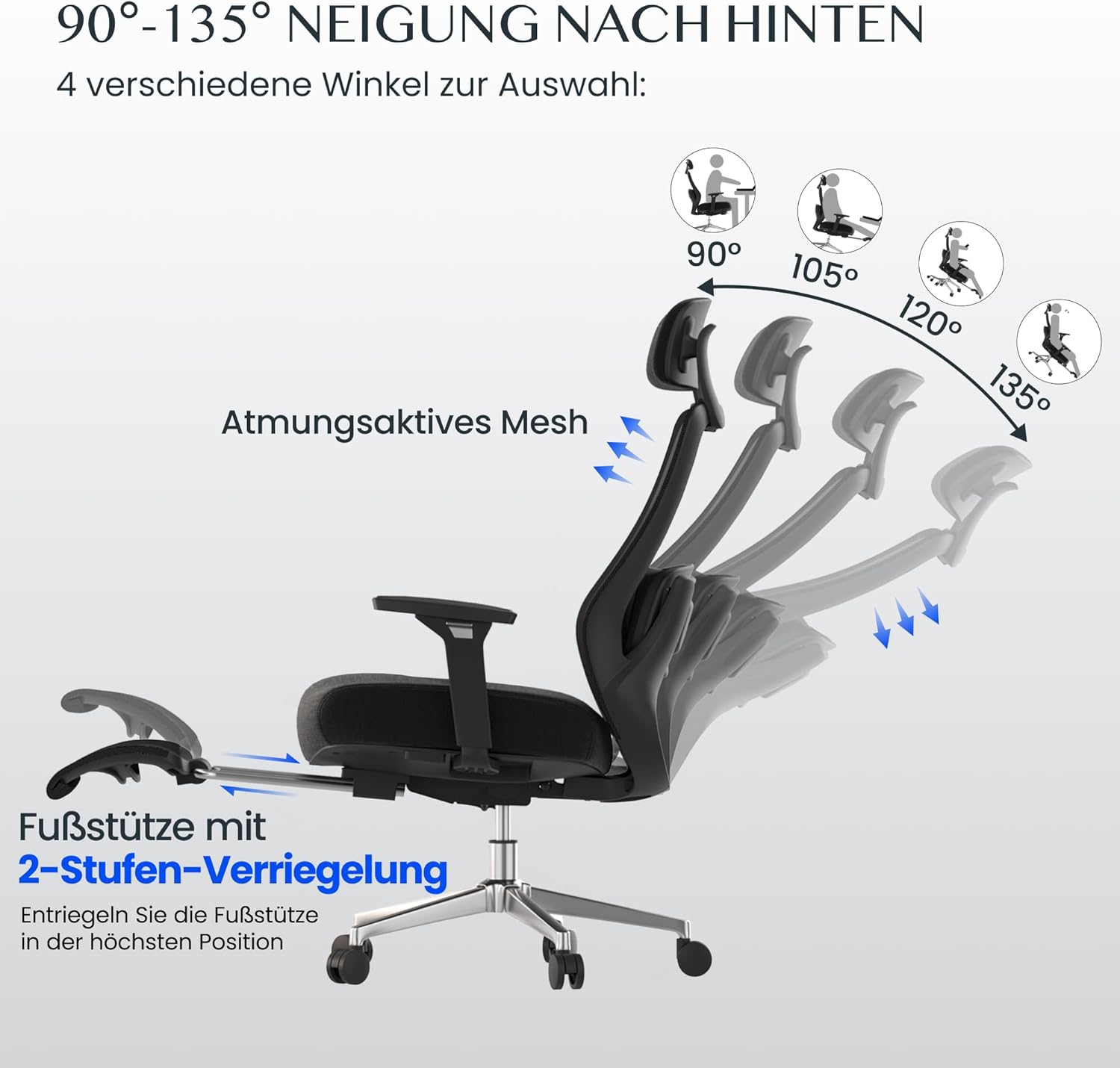 FLEXISPOT MasterEase Massage-Bürostuhl mit Fußstütze und Gummirädern, ergonomischer Schreibtischstuhl mit 2D-Lendenwirbelstütze mit Heiz- und Massagefunktion, 4-fach verstellbare Rückenlehne, Schwarz – Bild 8