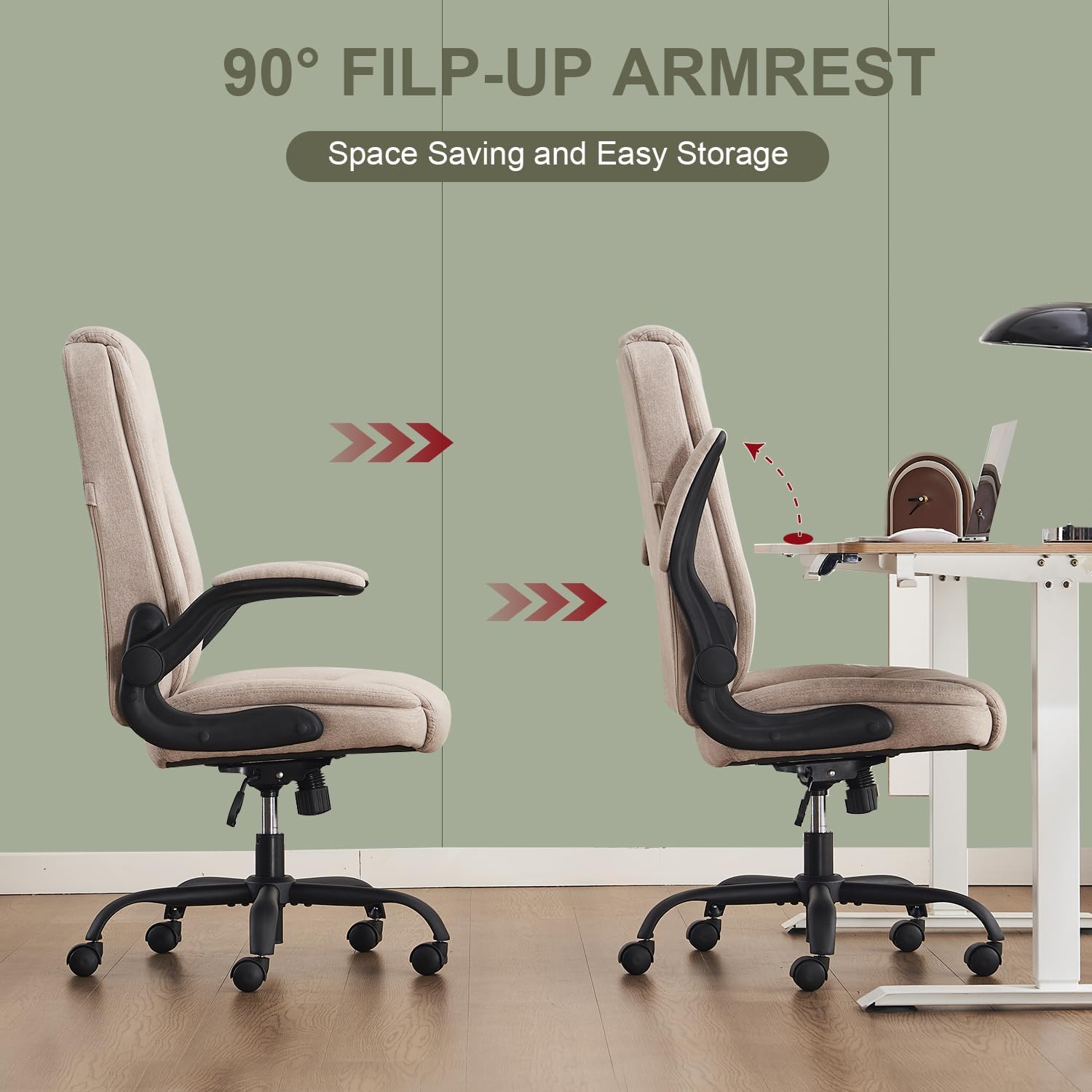 CASTLOVE Bürostuhl, Ergonomischer Schreibtischstuhl, Chefsessel mit gepolsterten Armlehnen, klappbar, Höhenverstellung, Wippfunktion und Kopfstütze, bequem für Zuhause, Büro, Bürostuhl, 150 kg, beige Stoff – Bild 5