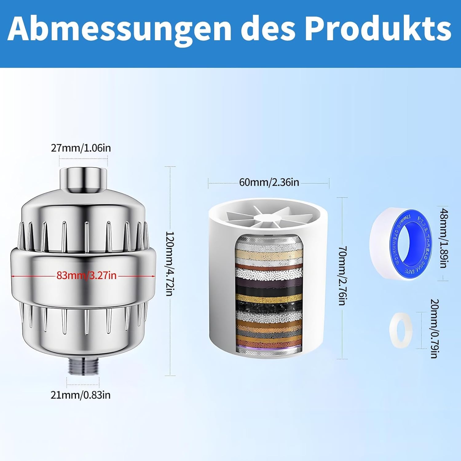 36-stufiger Duschfilter mit Vitamin C & E, 2 Filterkartuschen zur Entfernung von hartem Wasser, Chlor und Schwermetallen, Kalkfilterdusche mit Ventilatorflügeln, verbessert Haut/Haare/Nägel, Wasserfilterdusche – Bild 2