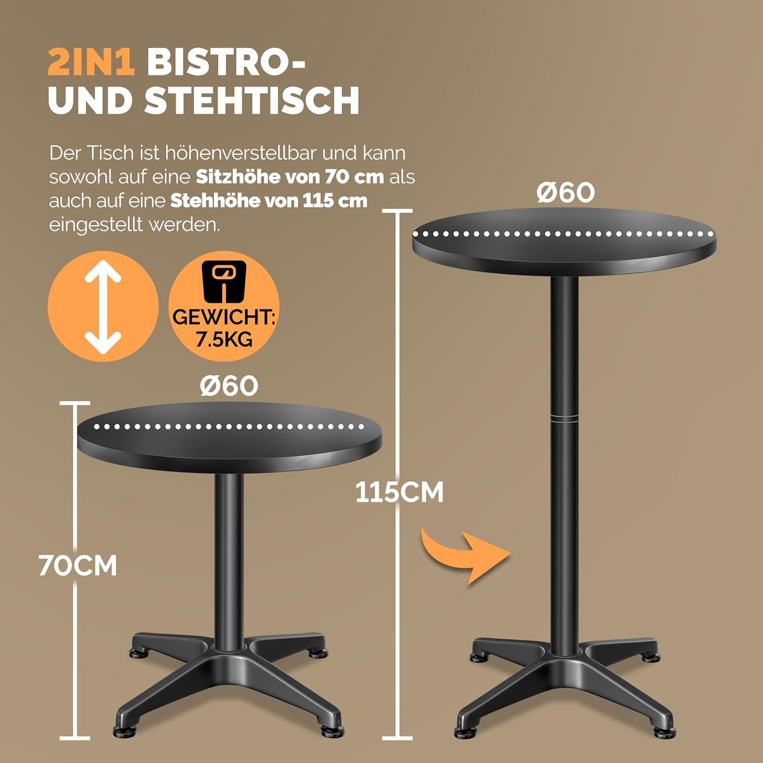 Casaria 2-in-1-Bartisch, höhenverstellbar, klappbar, 70 cm / 115 cm, Aluminium, wetterfest, Durchmesser 60 cm, rund, Outdoor, Indoor-Beistelltisch, Bistrotisch, schwarz – Bild 3