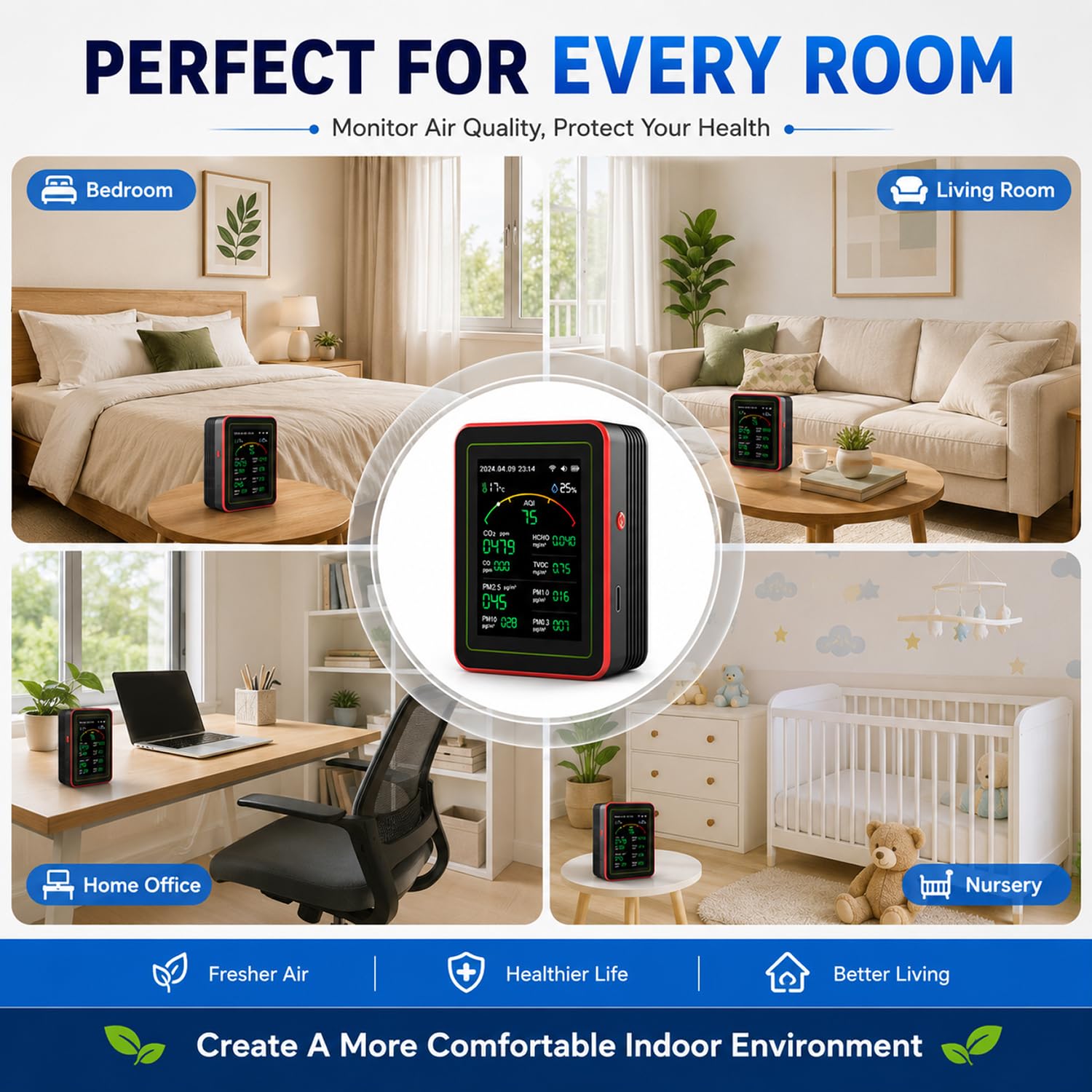 15-in-1-WLAN-Raumluftqualitätsmonitor mit App, CO₂-, TVOC-, HCHO-, PM2,5- und PM10-Monitor, Temperatur- und Luftfeuchtigkeitsanzeige, Farbdisplay, Luftqualitätsalarm für Zuhause und Büro – Bild 7