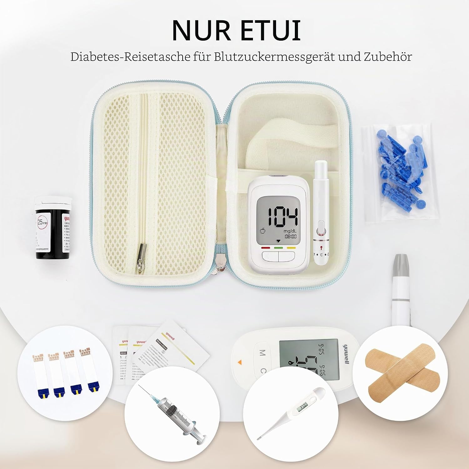 Diabetes-Versorgungskoffer, Blutzuckermessgerät-Tasche, tragbare Box zur Aufbewahrung von Teststreifen, Blutentnahmenadeln und anderen Gegenständen, Reisetasche für Glukosemessgerät, blau, M, einfach – Bild 2