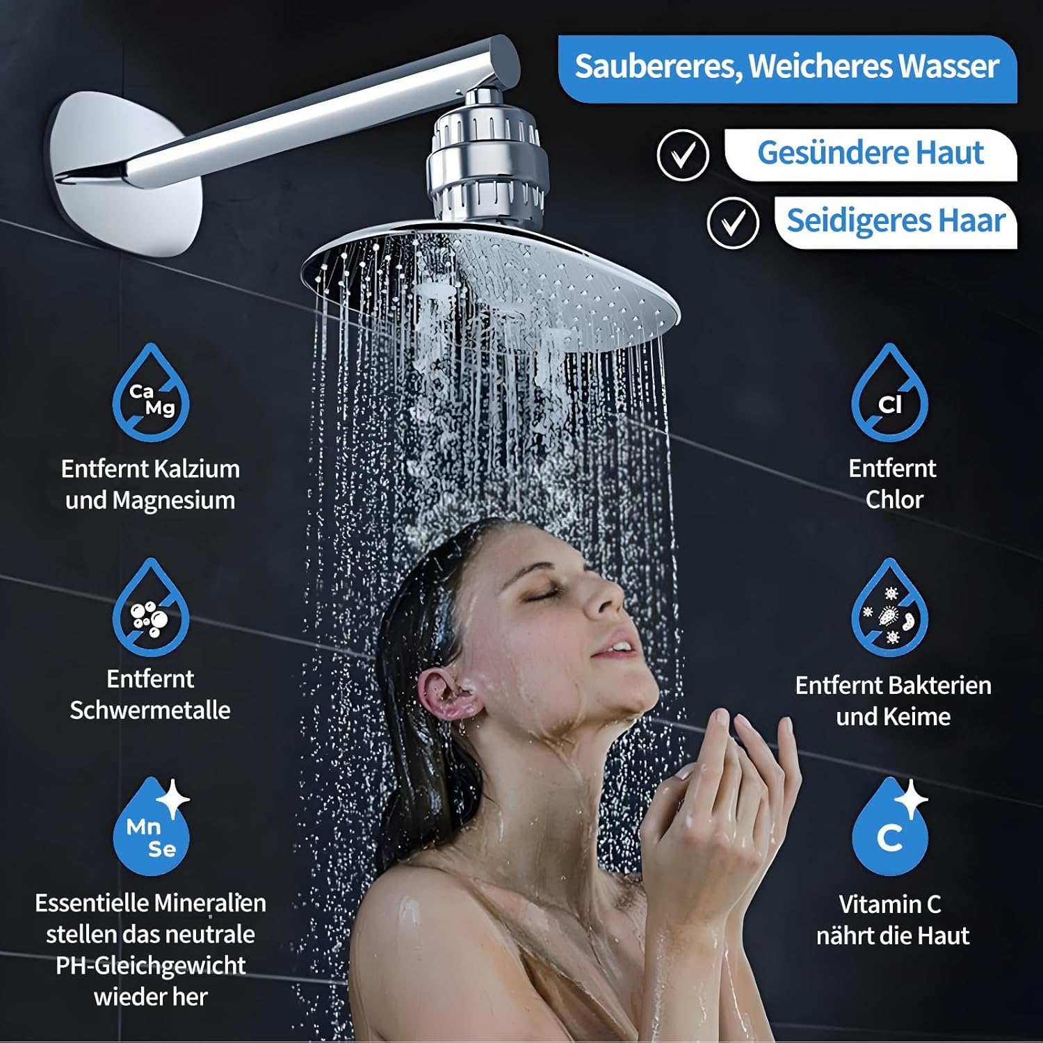 36-stufiger Duschfilter mit Vitamin C & E, 2 Filterkartuschen zur Entfernung von hartem Wasser, Chlor und Schwermetallen, Kalkfilterdusche mit Ventilatorflügeln, verbessert Haut/Haare/Nägel, Wasserfilterdusche – Bild 8