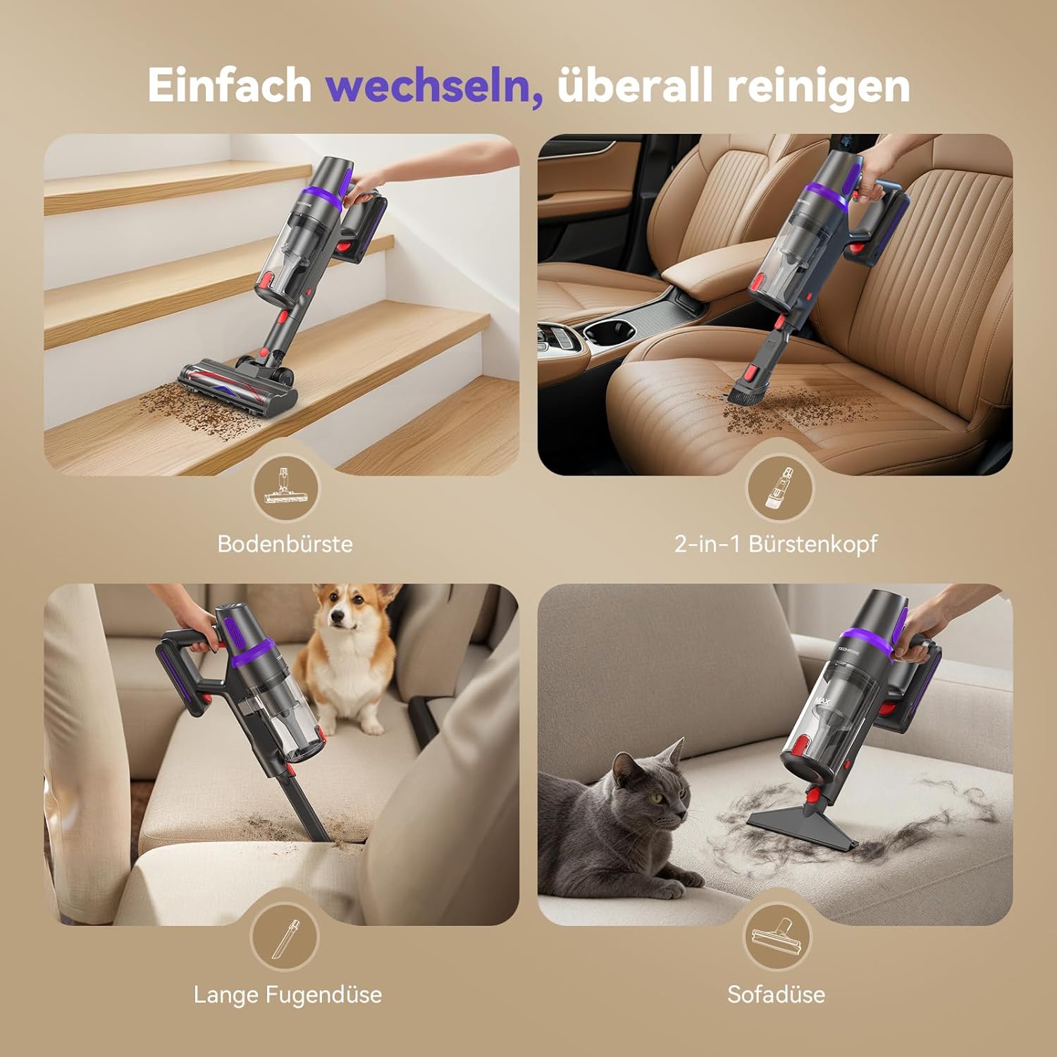 TechRise Akku-Staubsauger 45000Pa/500W/60Min, Anti-Tangle-Bürste & 8-in-1-Funktion (selbststehend) Staubsauger kabellos mit Display, Griffstaubsauger für Zuhause, Tierhaare/Teppiche/hart – Bild 6