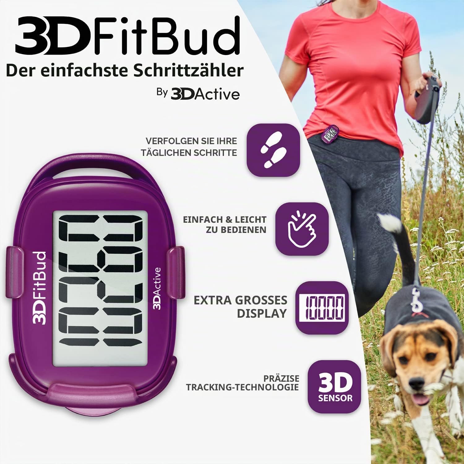 3DActive 3D-FitBud Einfacher Schrittzähler mit Clip und Trageband A420S (Pflaume) – Bild 2