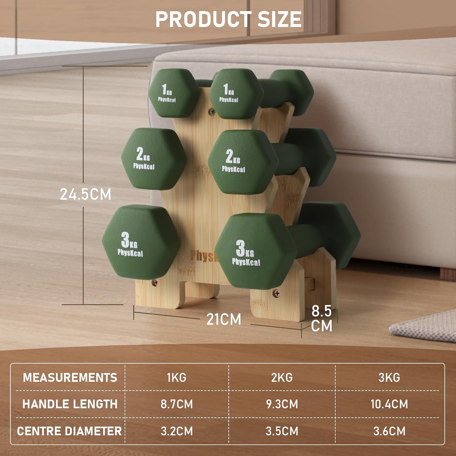 PhysKcal 6er- Hanteln Set mit Bambusständer, Kleine Neopren Kurzhantel Set | Stilvolles Fitnessgeschenk für Anfänger, Damen und Kinder, ästhetisch als Wohnaccessoire, ideal für Pilates, Reha und Cardio – Bild 5