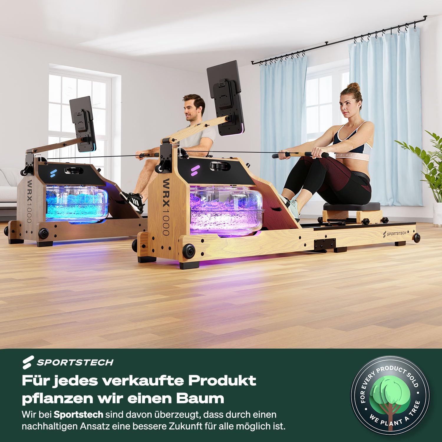 Sportstech Premium Rudergerät Wasser für Zuhause, Rudermaschine mit LED-Wassertank, Water Rower klappbar, Deutsches Qualitätsunternehmen, App mit Workout Kursen+ Tablethalterung, Massivholz, WRX1000 – Bild 3