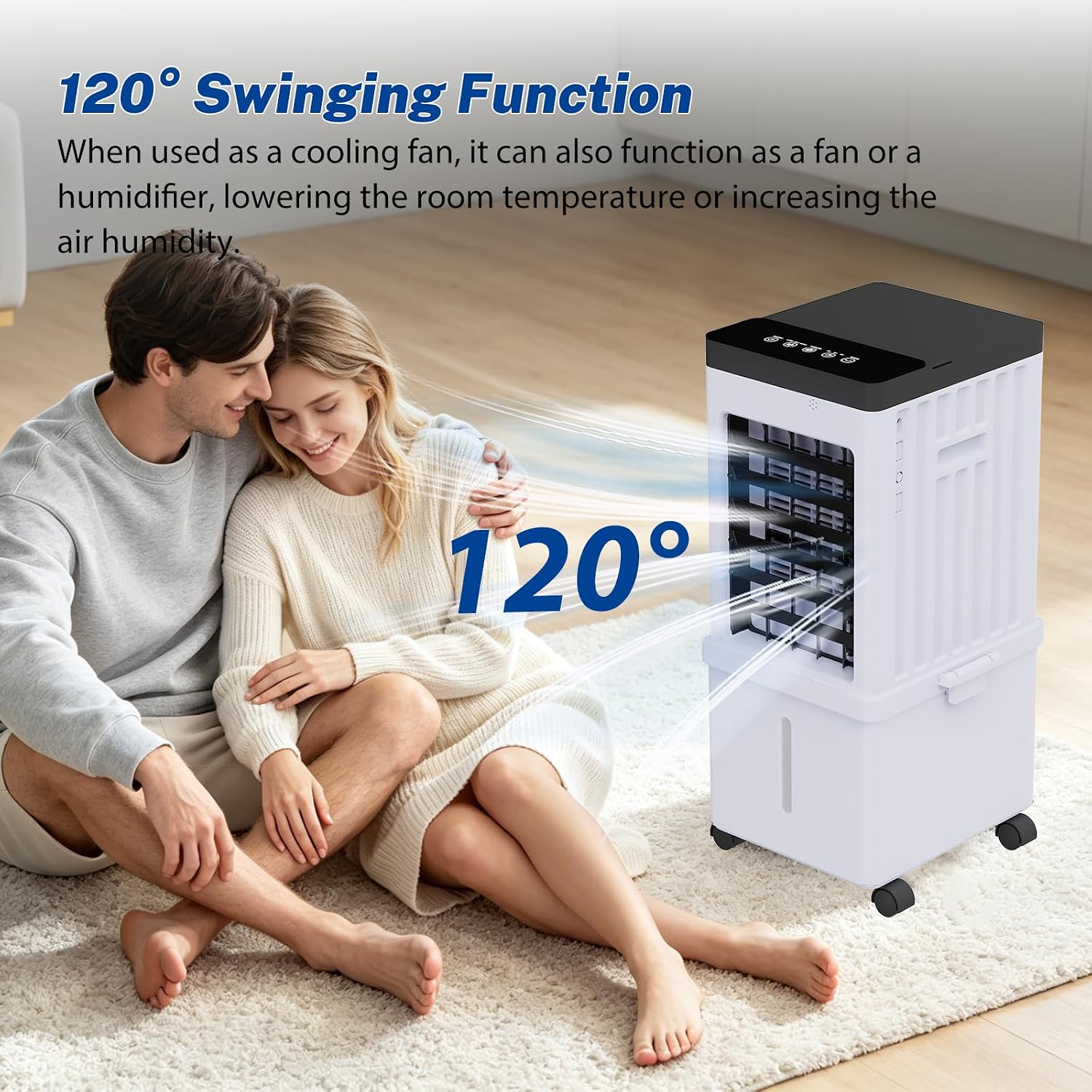 3-in-1-Luftkühler und Luftbefeuchter, tragbarer 60-cm-Luftkühler, 15-l-Wassertank, 3 Geschwindigkeiten und 3 Modi, super energiesparend, Digitalanzeige, 7,5-Stunden-Timer, mit 4 Rädern und Griff – Bild 3