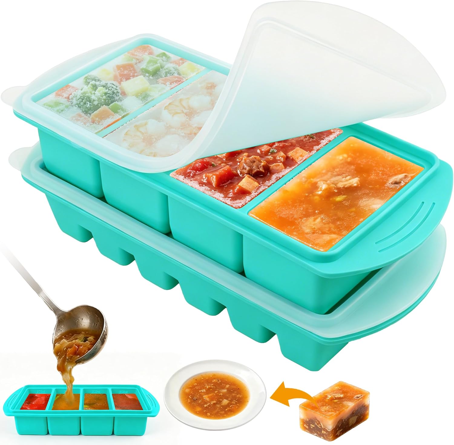 Set mit 2 Silikon-Gefrierformen mit Deckel, Suppenwürfel-Set mit 250/125 ml | Wiederverwendbar und stapelbar für die Zubereitung von Mahlzeiten, Gefrierbehälter für Suppe, Soße und Eis. Mintgrün