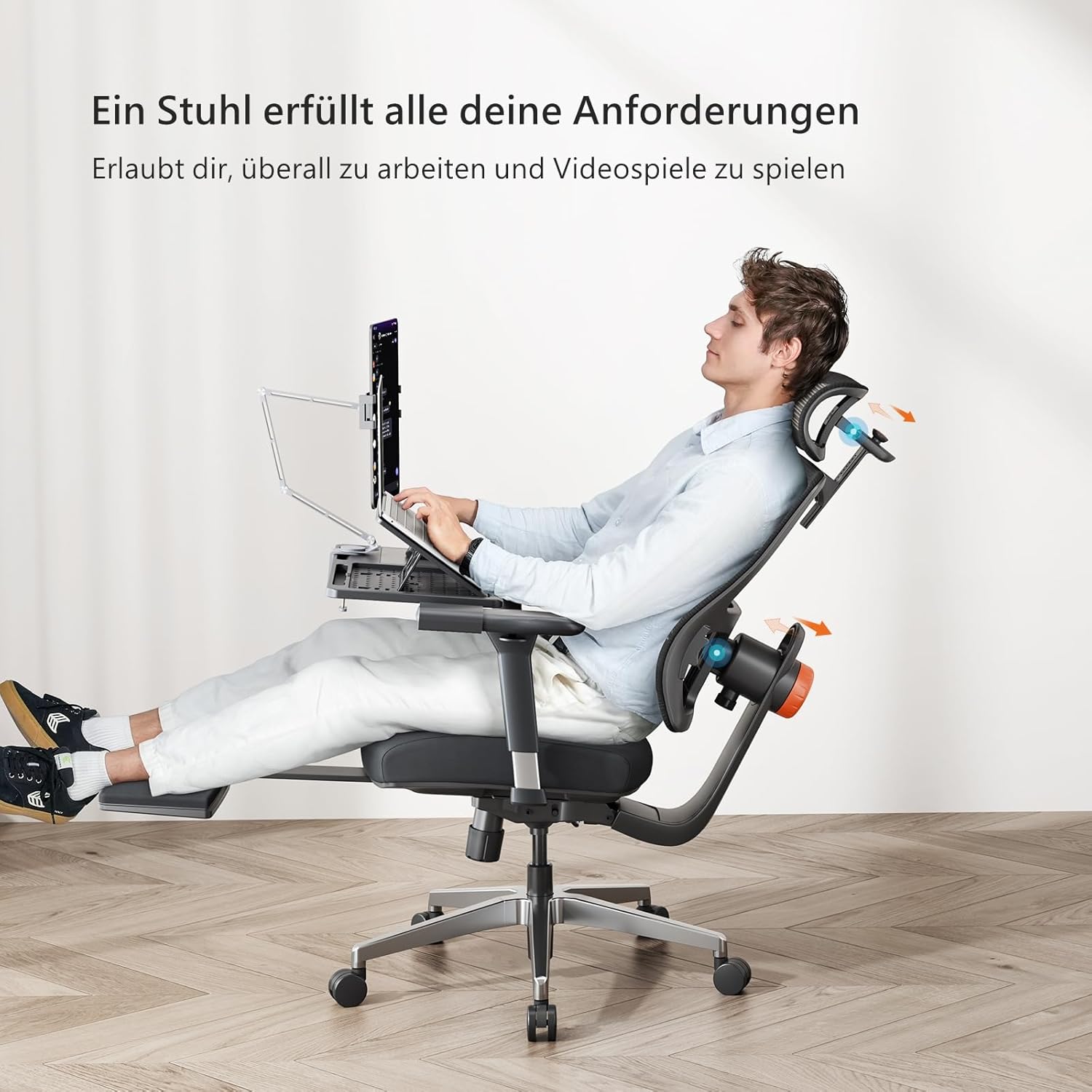 Newtral MAGICH-PRO Ergonomischer Bürostuhl mit Fußstütze, ergonomischer Schreibtischstuhl mit dynamischer Kopfstütze & Lordosenstütze, ergonomischer Bürostuhl (Magic Pro + abnehmbare Tischplatte, schwarz) – Bild 3