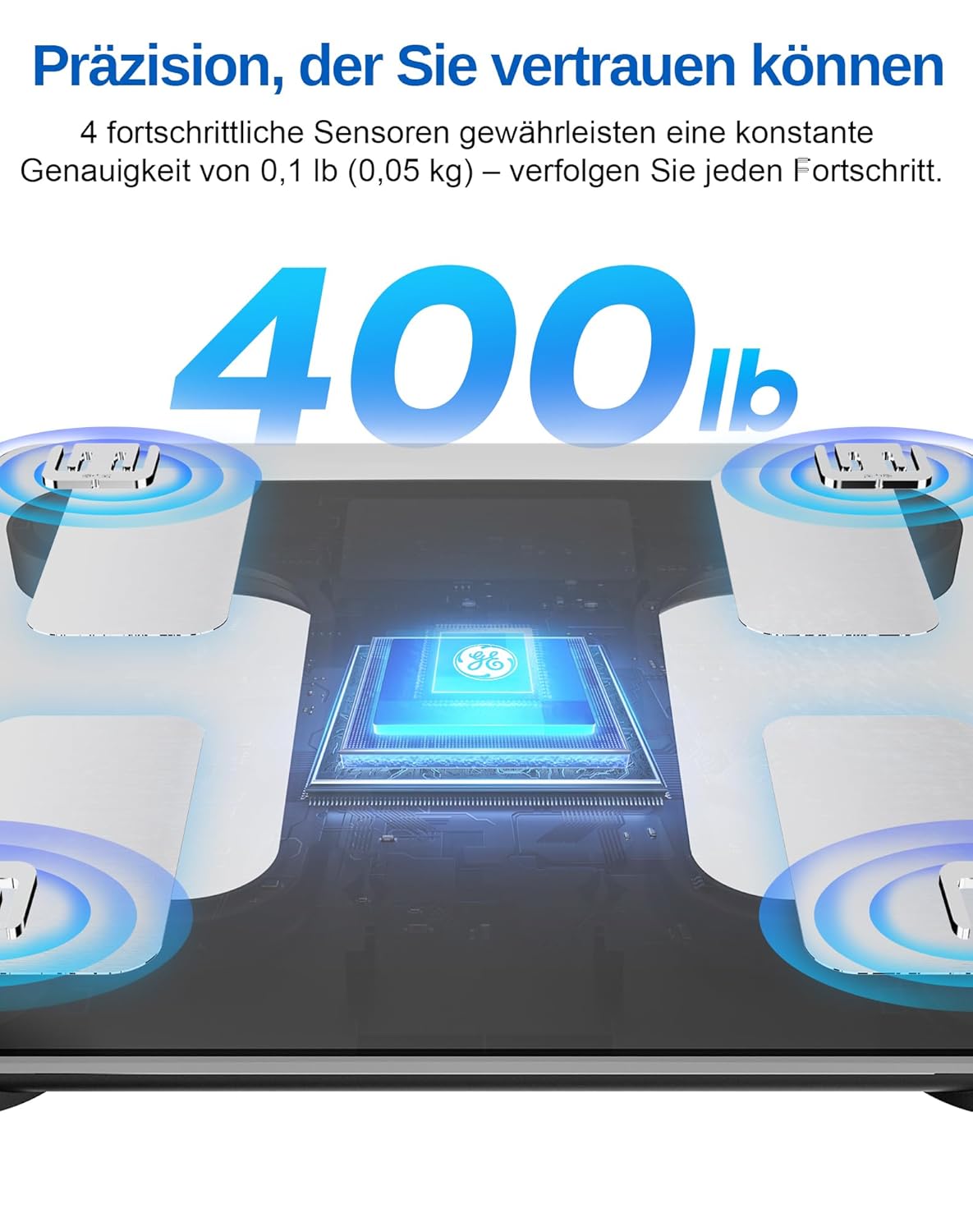 GE Körperfettwaage Smart mit Körperfett, BMI-Personenwaage mit großem Display, hoher Genauigkeit, Bluetooth, digitale Körperanalysewaage bis 180 kg/400 lb, Schwarz – Bild 3