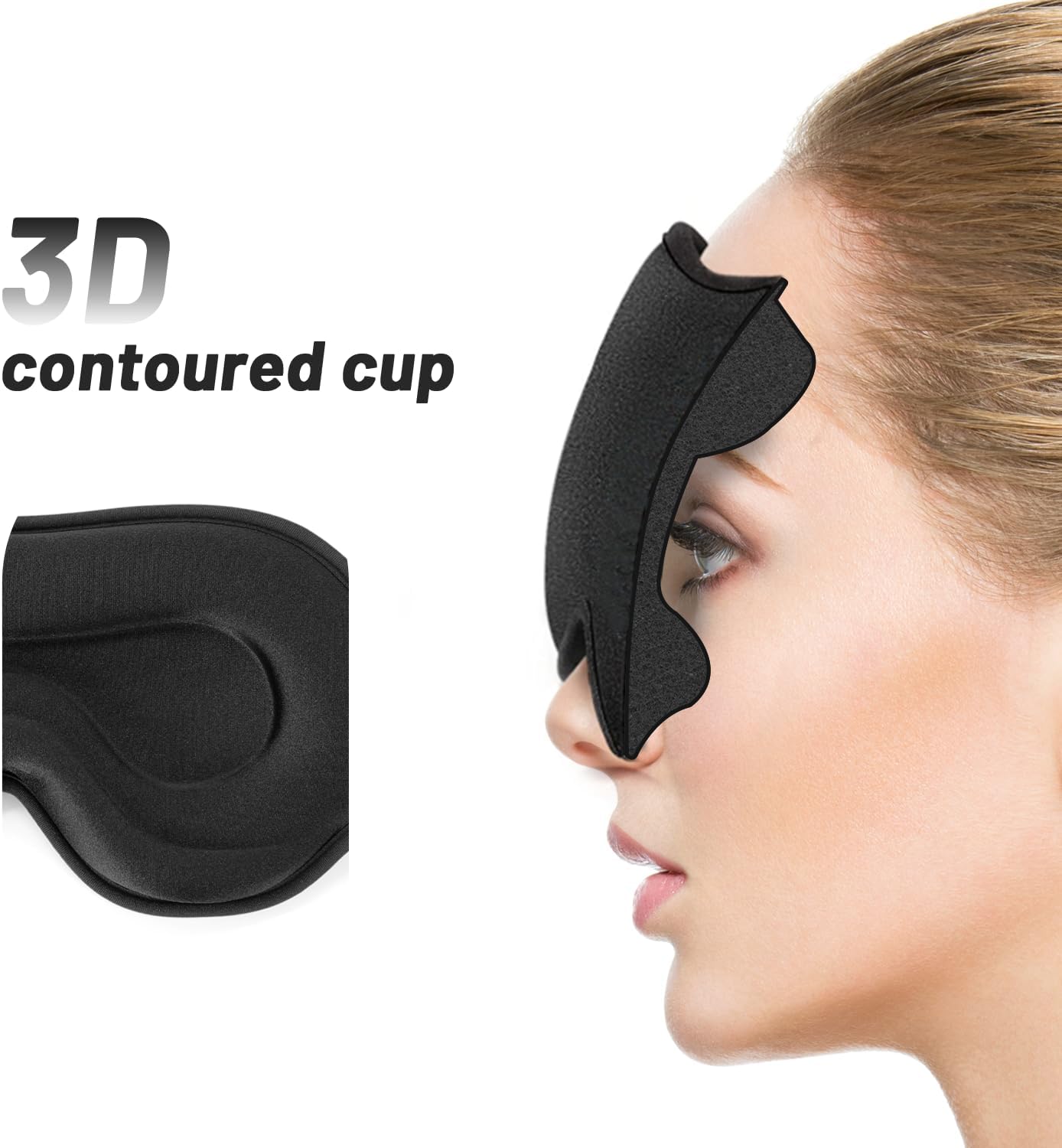 3D-Schlafmaske mit Ohrstöpseln – Lichtdichte und bequeme Augenmaske für Männer und Frauen, ideal für Flugzeug, Reisen und Seitenschläfer, Schwarz – Bild 4