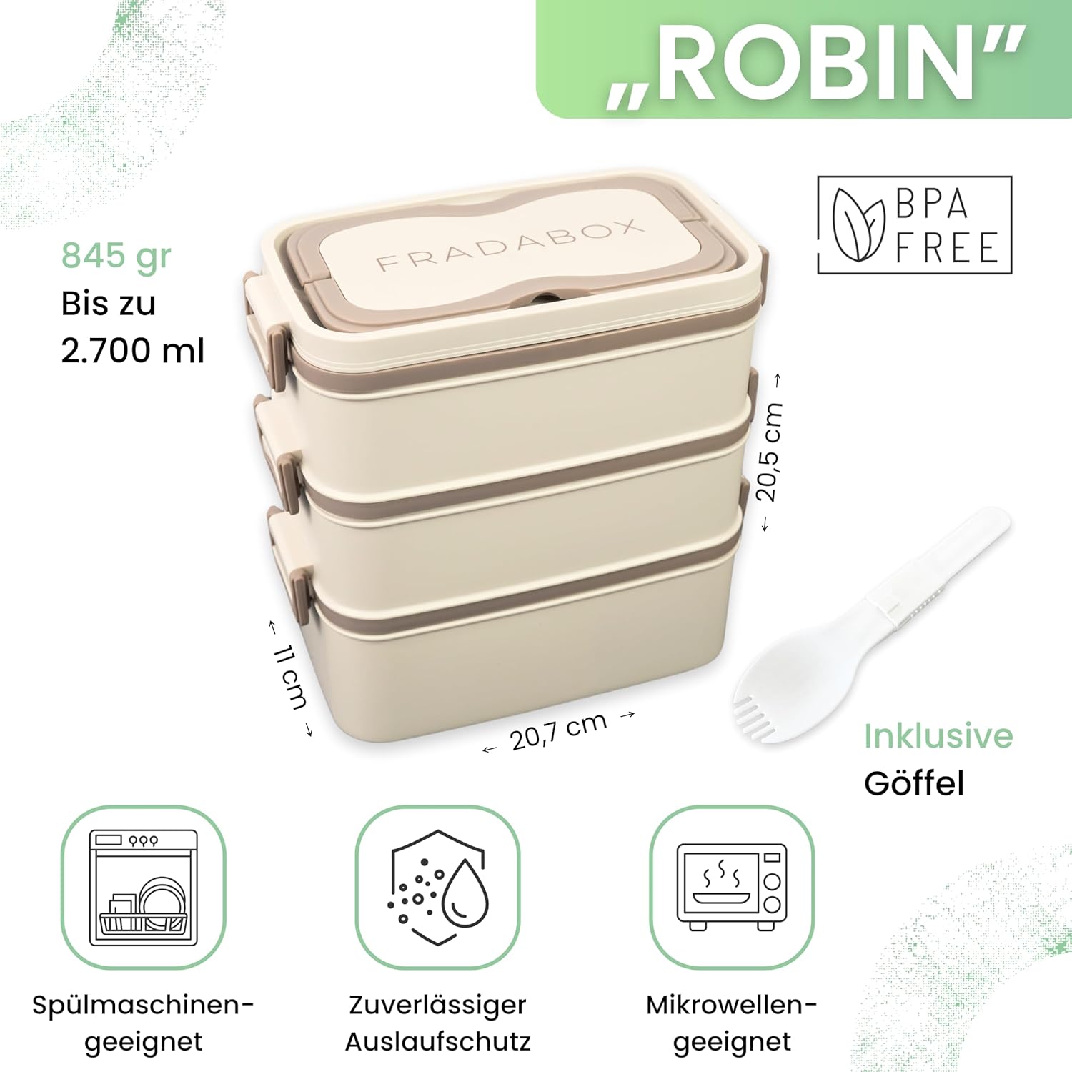 Bento Robin Lunchbox 2700 ml, 3 Ebenen mit Besteck und Fächern, Premium-Edelstahldose, BPA-frei, große Lunchbox, Meal Prep Bento Box für Erwachsene, auslaufsicher und mikrowellengeeignet – Bild 2