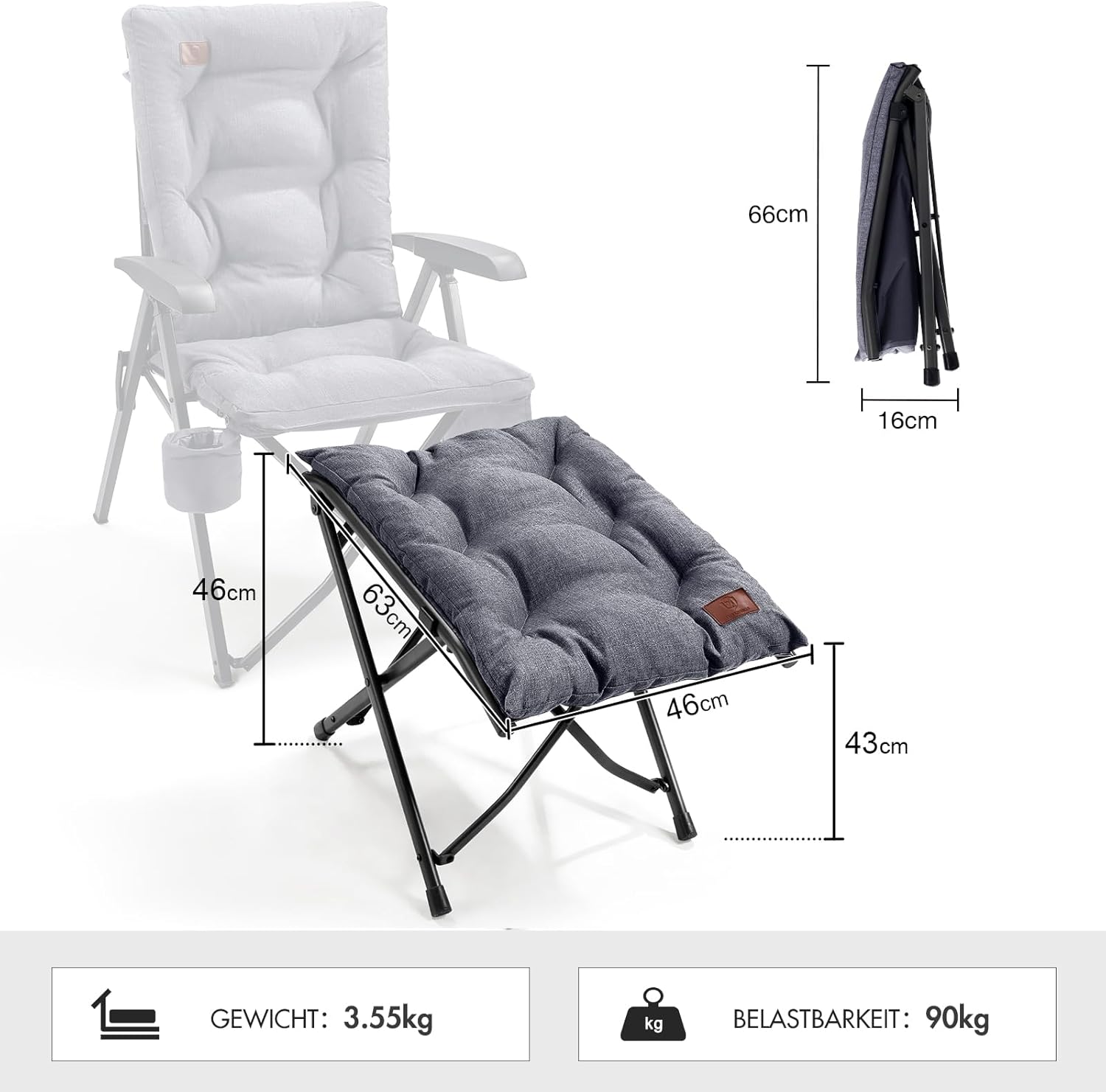 EVER ADVANCED Fußhocker, Fußstütze, klappbarer Klapphocker mit einer Höhe von 47 cm, Klapphocker, gepolsterte Fußstütze für Sessel, Garten- und Balkonstuhl – Bild 3