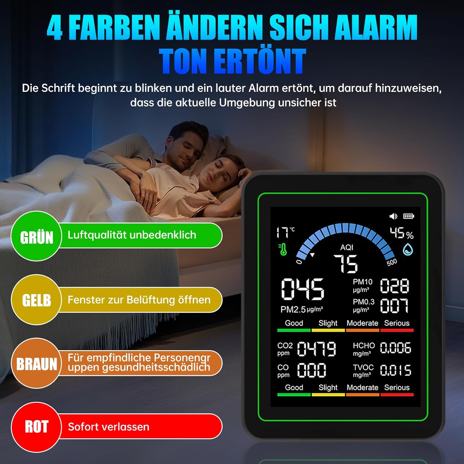 10-in-1-Luftqualitätsmonitor mit 2,8-Zoll-Farbdisplay und 4-Farben-Alarm, Messung von CO₂, PM1,0/PM2,5/PM10, HCHO, Temperatur und Luftfeuchtigkeit. Luftüberwachungsgerät mit Typ C für Zuhause – Bild 3