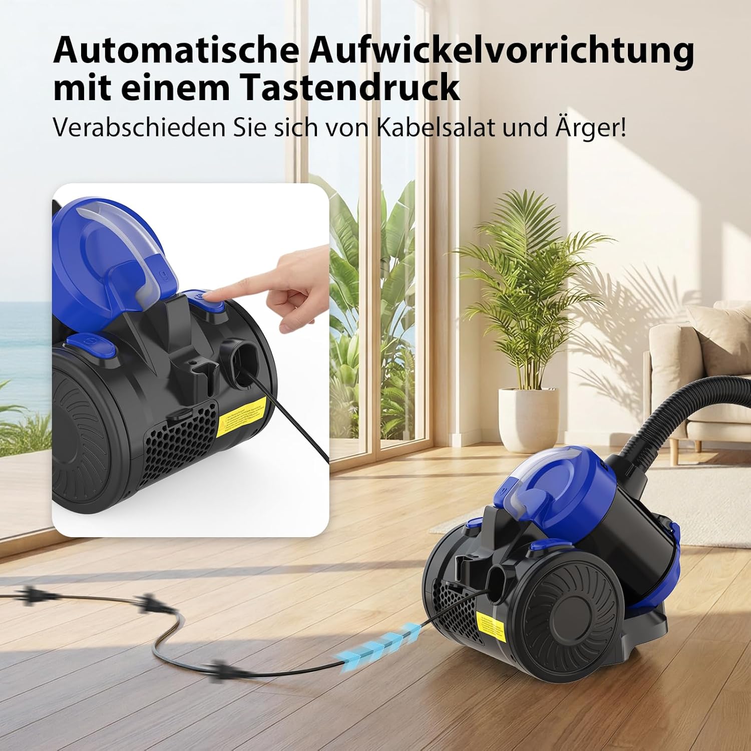 Zyklon-Staubsauger, beutellos, 1000 Watt, Staubsaugerzylinder, leistungsstarker Bodenstaubsauger mit HEPA-Filter, Bodendüse für Hartböden und Teppich, 1,5 Liter Staubbehälterkapazität, 10 m Arbeitsradius – Bild 3