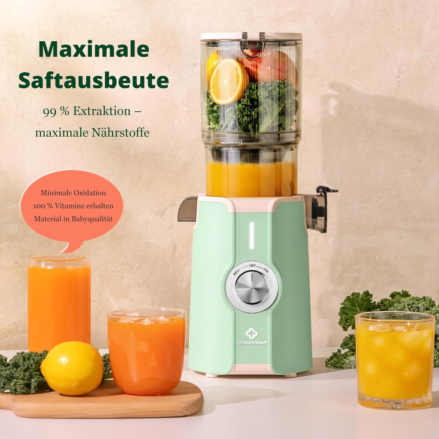 LINKChef Slow Juicer, 115 mm große Einfüllöffnung für Entsafter, Gemüse und Obst, Testsieger, Kaltentsafter 200 W, BPA-frei, leicht zu reinigen und zu montieren, hellgrün – Bild 4