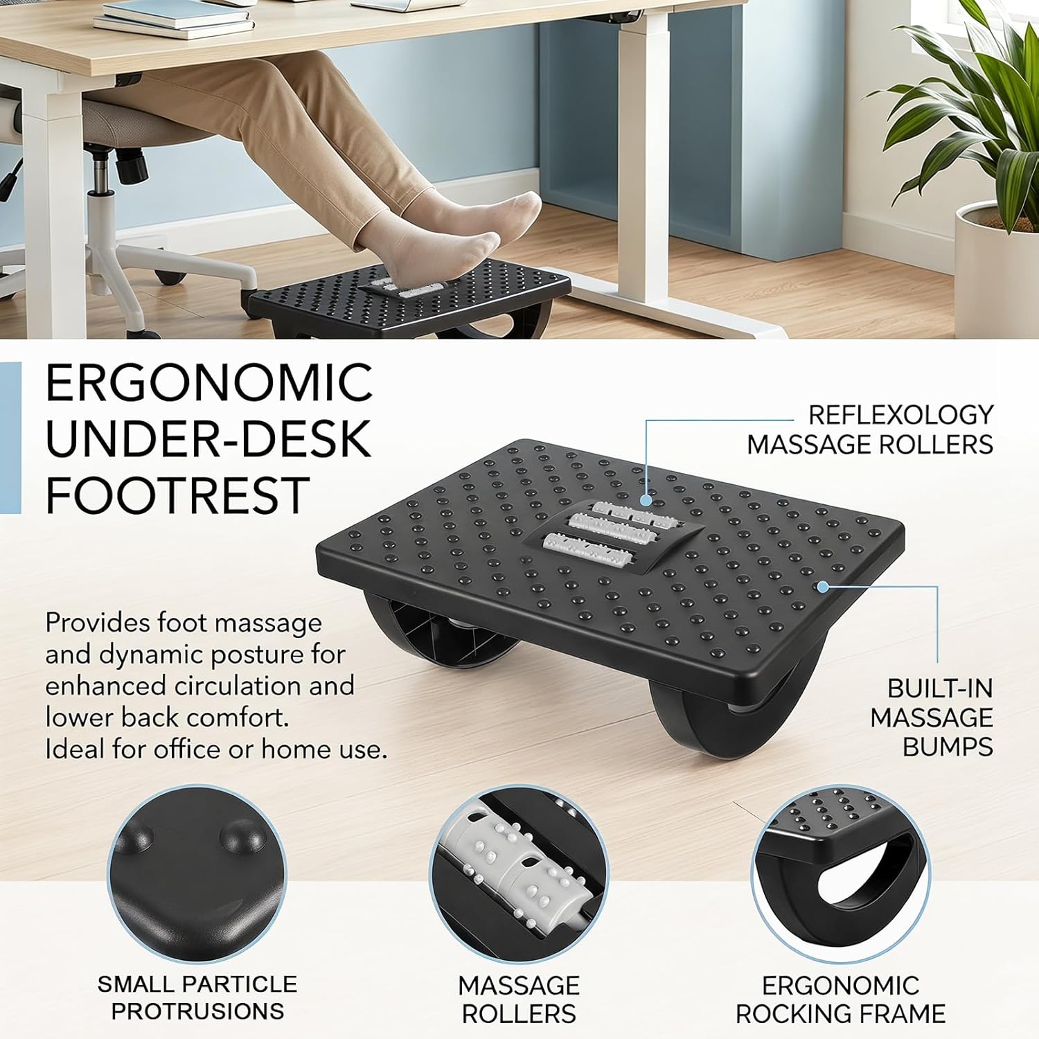CEWROM Fußstütze Schreibtisch, Ergonomischer Fußablage, Rutschfeste Fußablage mit Massagefunktion, Linderung von Bein-, Knie- und Rückenschmerzen, Fußstütze Büro Fußhocker fürs Büro Zuhause (Schwarz) – Bild 2