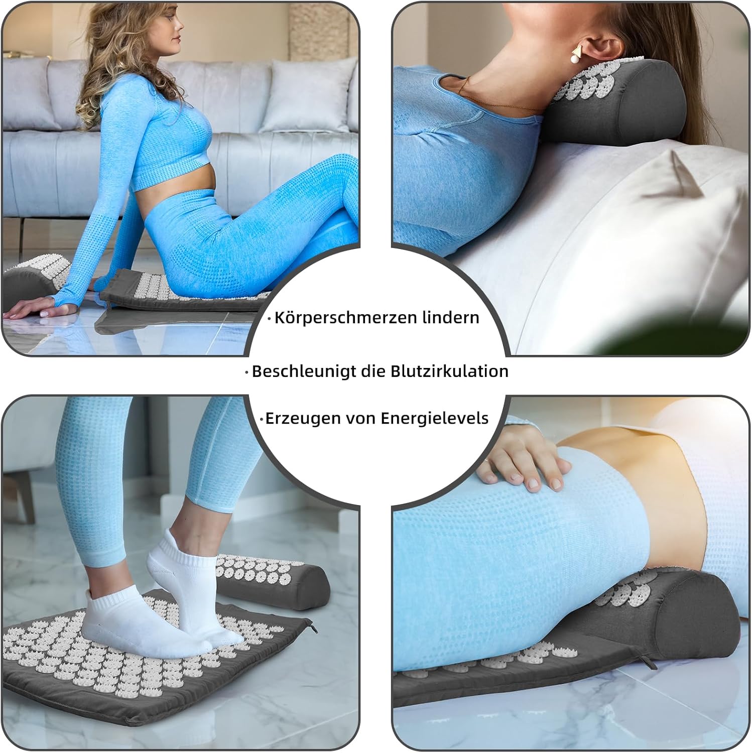 Akupressurmatte, Akupunkturmatte, Akupressurmatte zur Linderung von Nacken- und Rückenschmerzen, Akupressurmatte mit Muskelentspannung und Stressabbau, Shiatsu-Matte zur Ischiaslinderung, Grauweiß – Bild 3