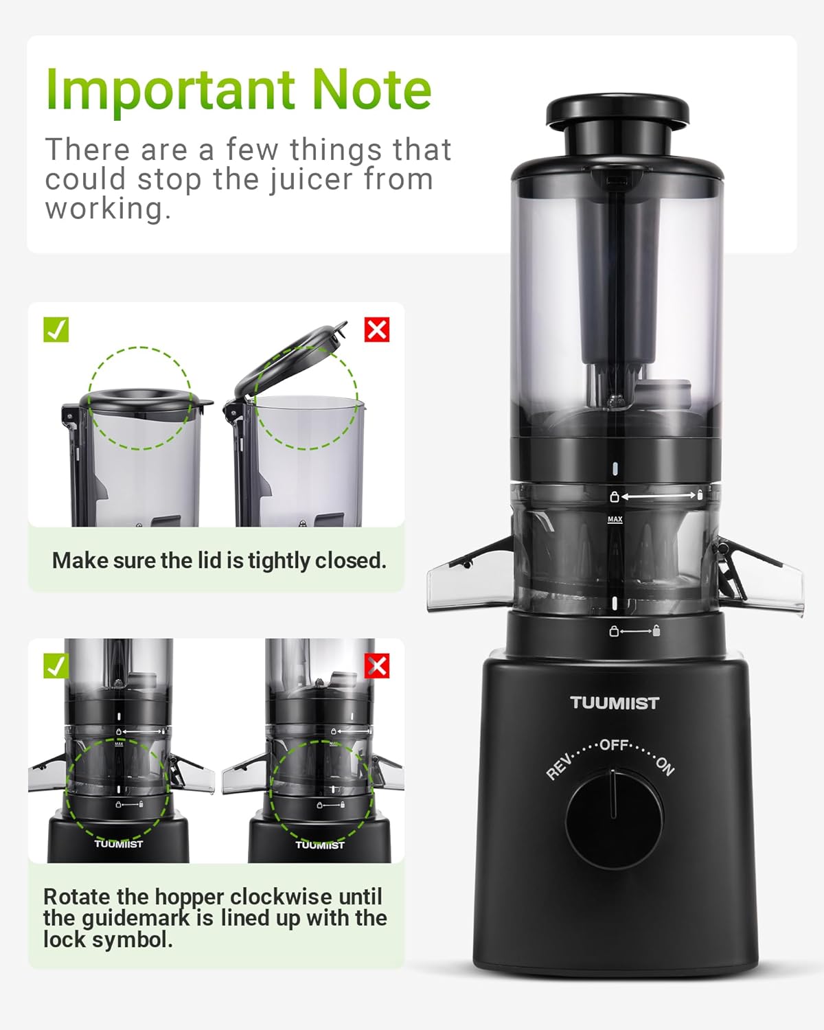 TUUMIIST Slow Juicer mit extra großem Einfüllschacht, Entsafter Gemüse und Obst, Testsieger, anwendbares ganzes Obst und Gemüse, Entsafter BPA-frei, Schwarz glänzend, 120 mm – Bild 8