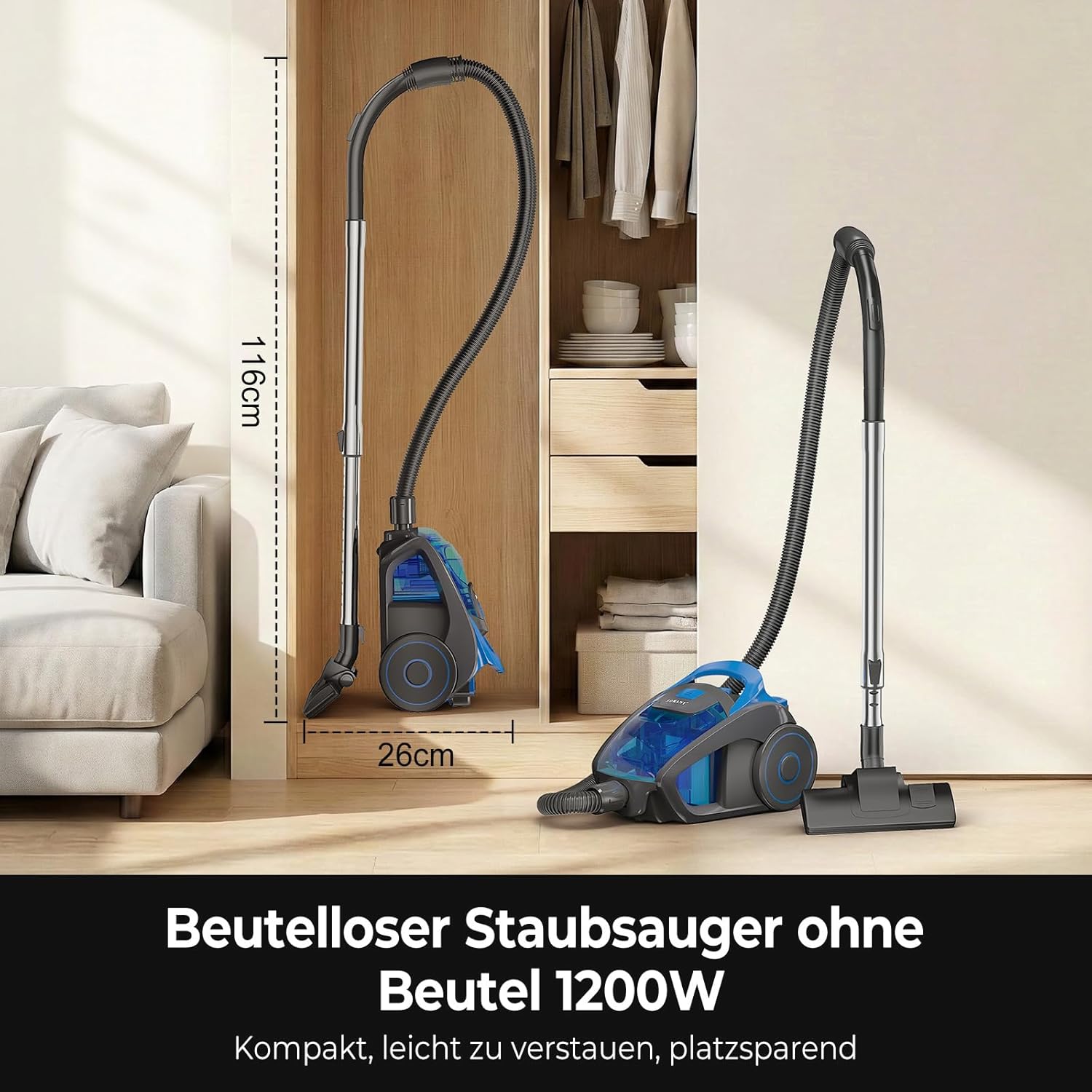 Staubsauger 1200 Watt, 1,5L Beutelloser Staubsauger ohne Beutel 15 kPa, leise, leistungsstark mit HEPA-Filter, kompakt und leicht, für Teppiche, Hartböden, Tierhaare (F) – Bild 5
