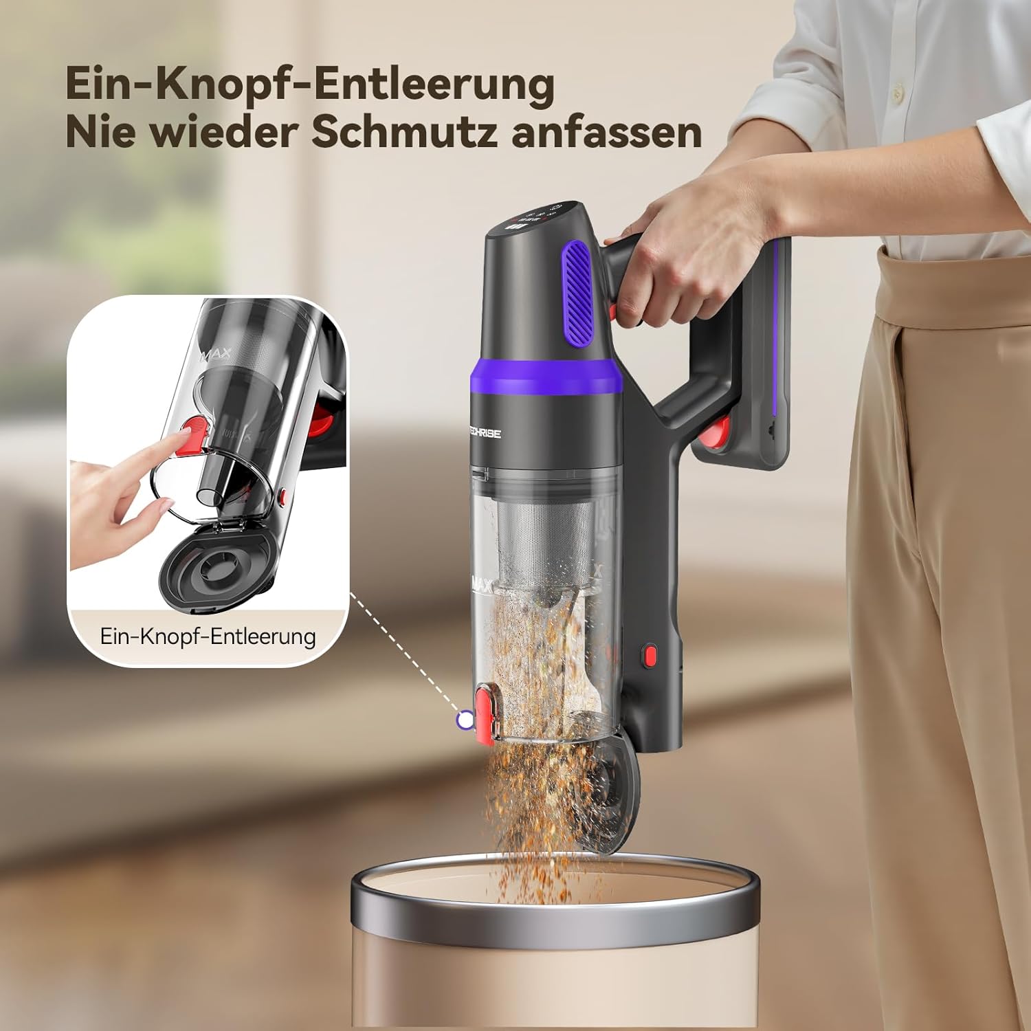 TechRise Akku-Staubsauger 45000Pa/500W/60Min, Anti-Tangle-Bürste & 8-in-1-Funktion (selbststehend) Staubsauger kabellos mit Display, Griffstaubsauger für Zuhause, Tierhaare/Teppiche/hart – Bild 4