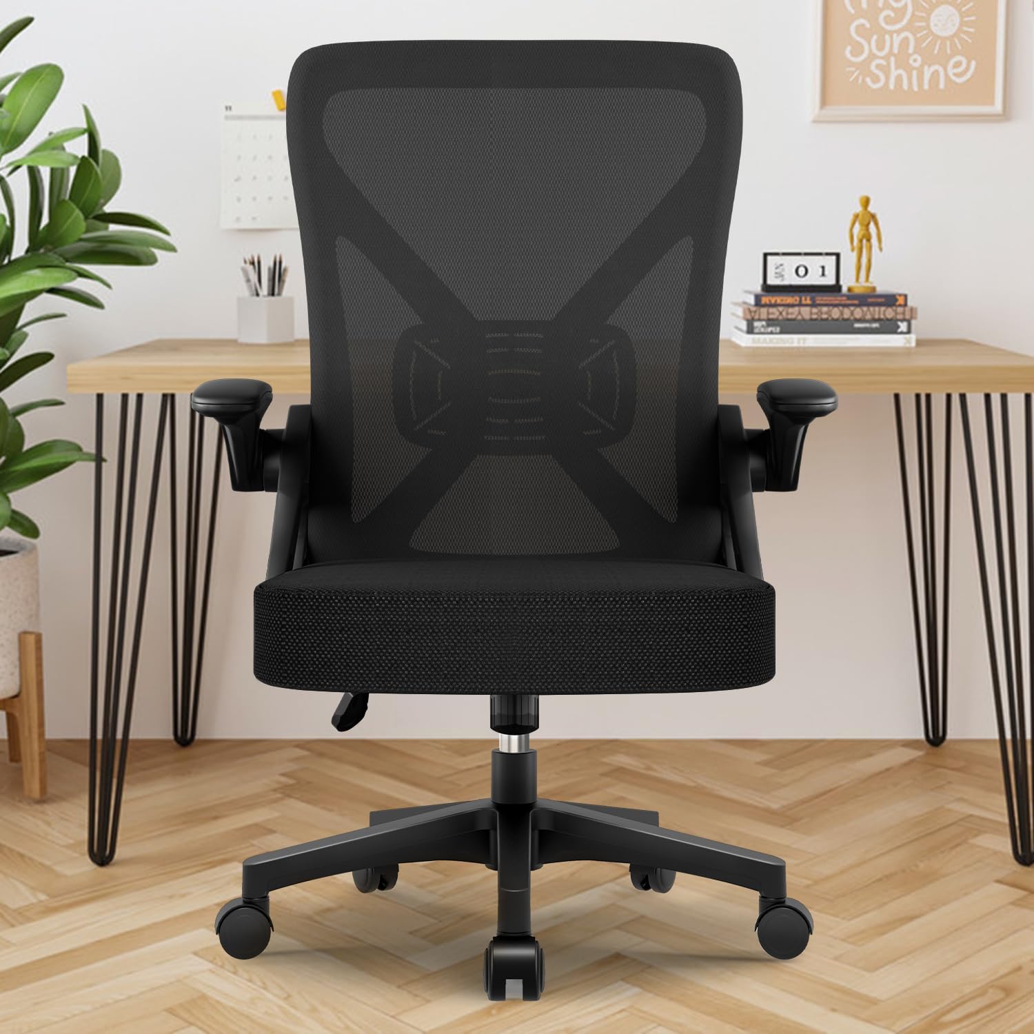 Ergonomischer Bürostuhl mit klappbaren Armlehnen, verstellbare Lordosenstütze, Wippfunktion bis 125°, höhenverstellbar, Netzstuhl, schwarz – Bild 2